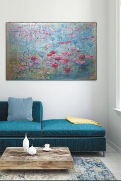 Delicate Lilies: linen canvas, oil, acrylic, oil pastel. 90x150cm.