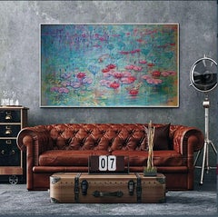 Delicate Lilies: linen canvas, oil, acrylic, oil pastel. 90x150cm.