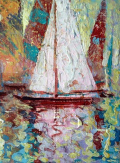 Departure of Sailboats to the Sea : Landscape 24x18 cm