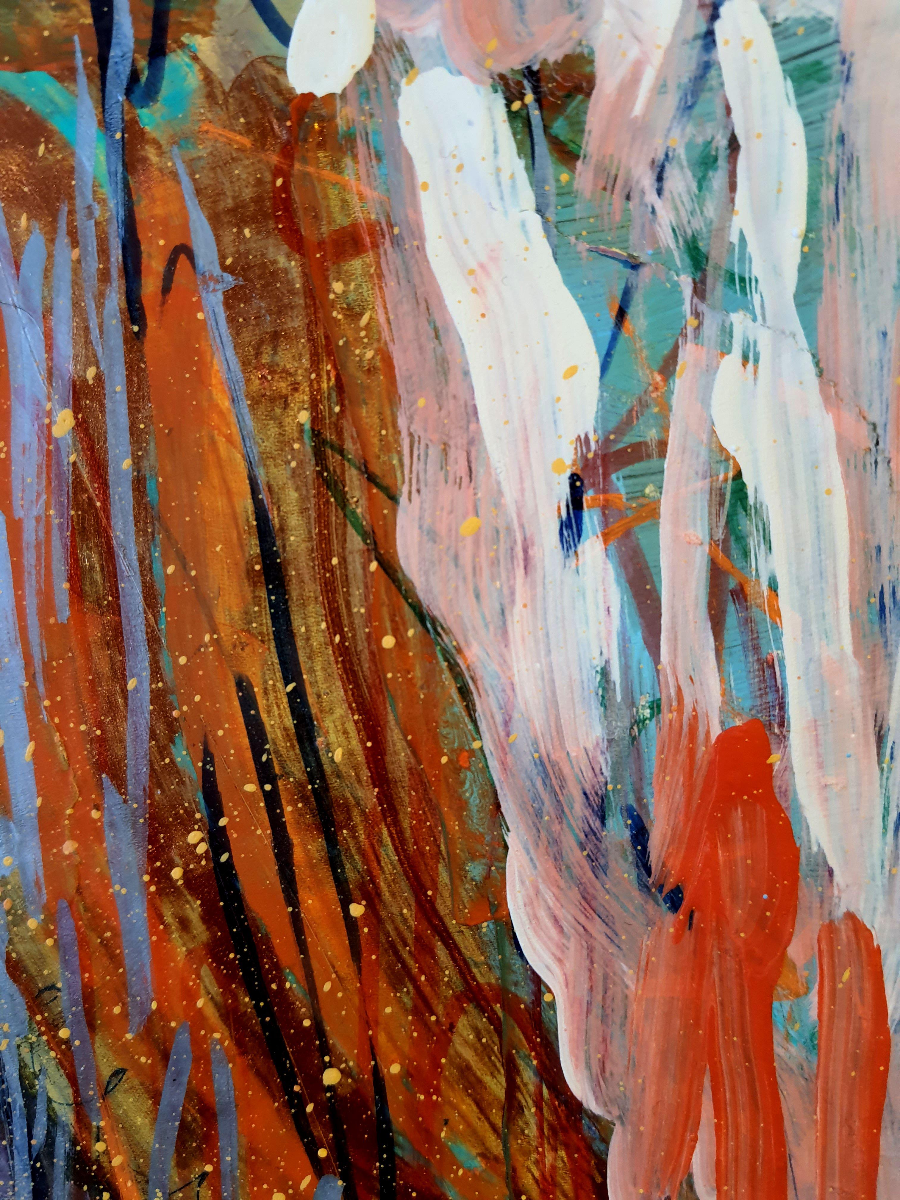 In diesem Werk habe ich mit Acryl, Pastell, Kugelschreiber und Buntstift lebhafte Emotionen ausgegossen und dabei die rohe Energie des Expressionismus mit der Verträumtheit des Impressionismus und der Kühnheit der Pop-Art vermischt. Ich wollte einen