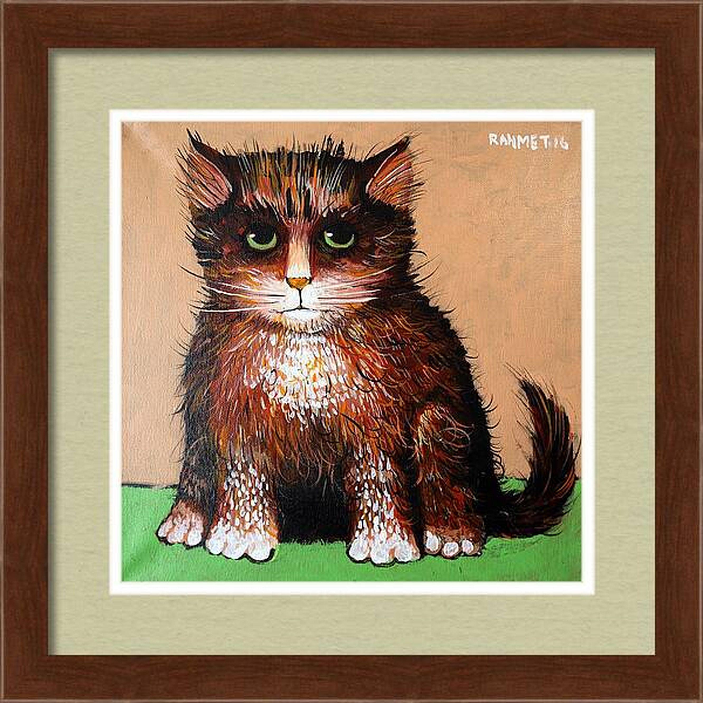 In dieser lebhaften Kreation habe ich Acryl und Öl verschmolzen, um einer skurrilen Katze Leben einzuhauchen und ihr Wesen mit naivem Charme und Pop-Art-Lebensfreude einzufangen. Primitive Schlichtheit trifft auf impressionistische Pinselstriche und