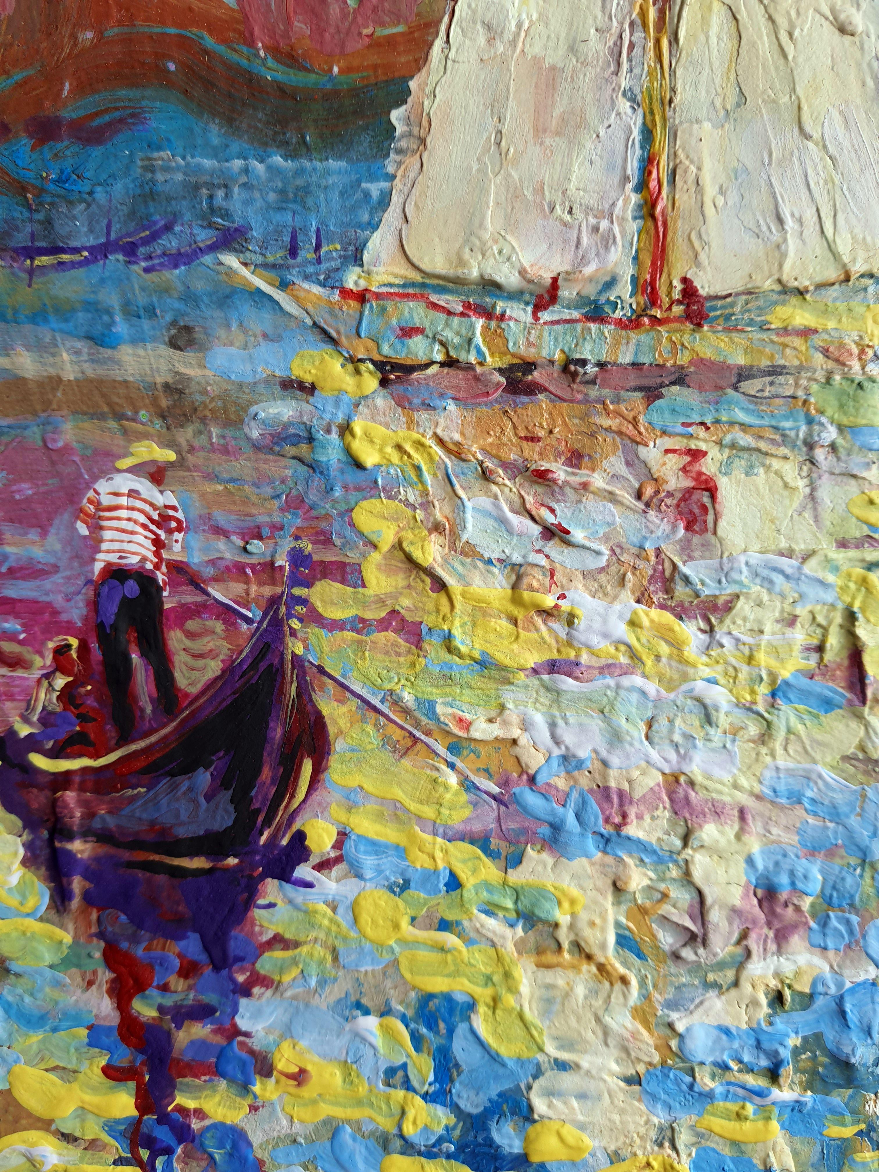 In diesem Gemälde habe ich die heitere und doch lebendige Stimmung des maritimen Lebens wiedergegeben, indem ich Realismus mit ausdrucksstarken, an den Impressionismus erinnernden Strichen vermischt habe. Die Segelboote und die Gondel vor der kühnen
