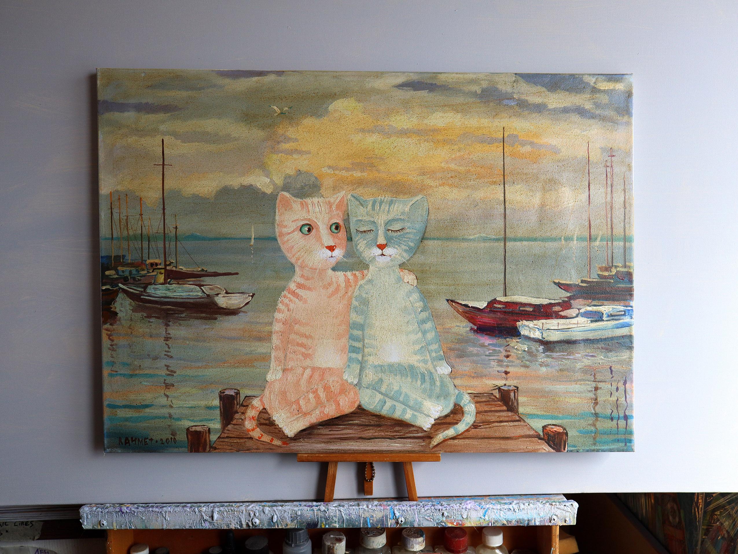 In diesem lebhaften Gemälde habe ich Pop-Art-Laune mit impressionistischen Texturen vermischt, um eine Szene zu schaffen, die vor liebevoller Energie sprüht. Diese beiden charmanten Katzen, die in Acryl und Öl gemalt wurden, verkörpern die heitere