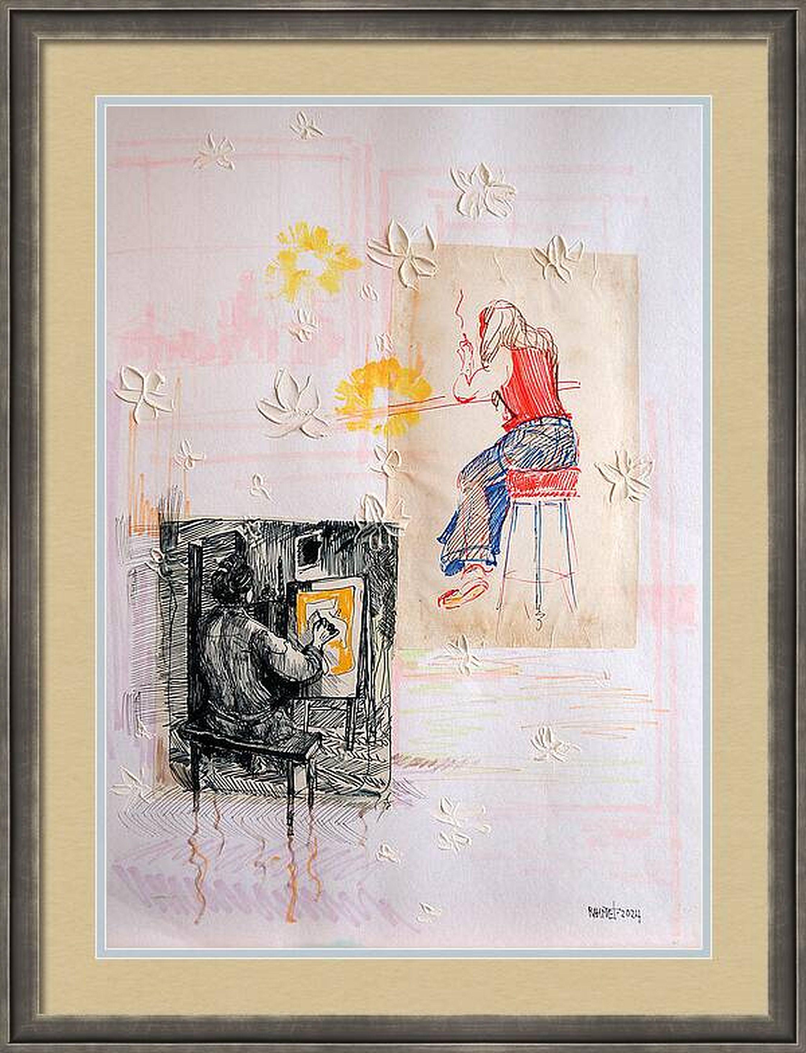 "Fantasie mit Blumen 195", Mischtechnik, Papier, 59x42cm, ungerahmt