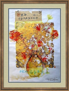 "Fantaisie avec fleurs 216" Papier mixte, 59x42cm, Non encadré