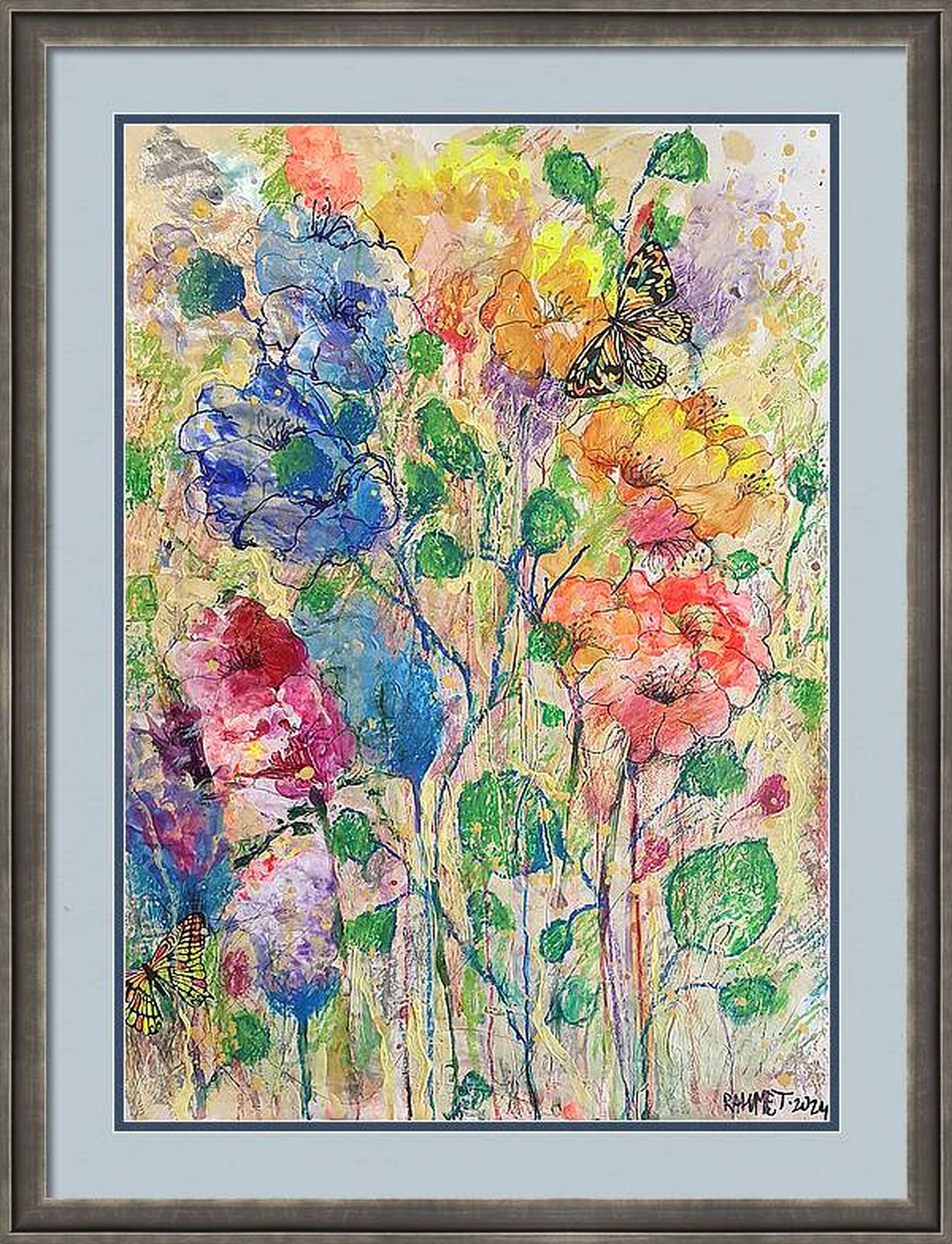 RAKHMET REDZHEPOV (RAMZI) Abstract Painting - "Fantasy with Flowers 222" Mixed , paper, 59x42cm, Unframed