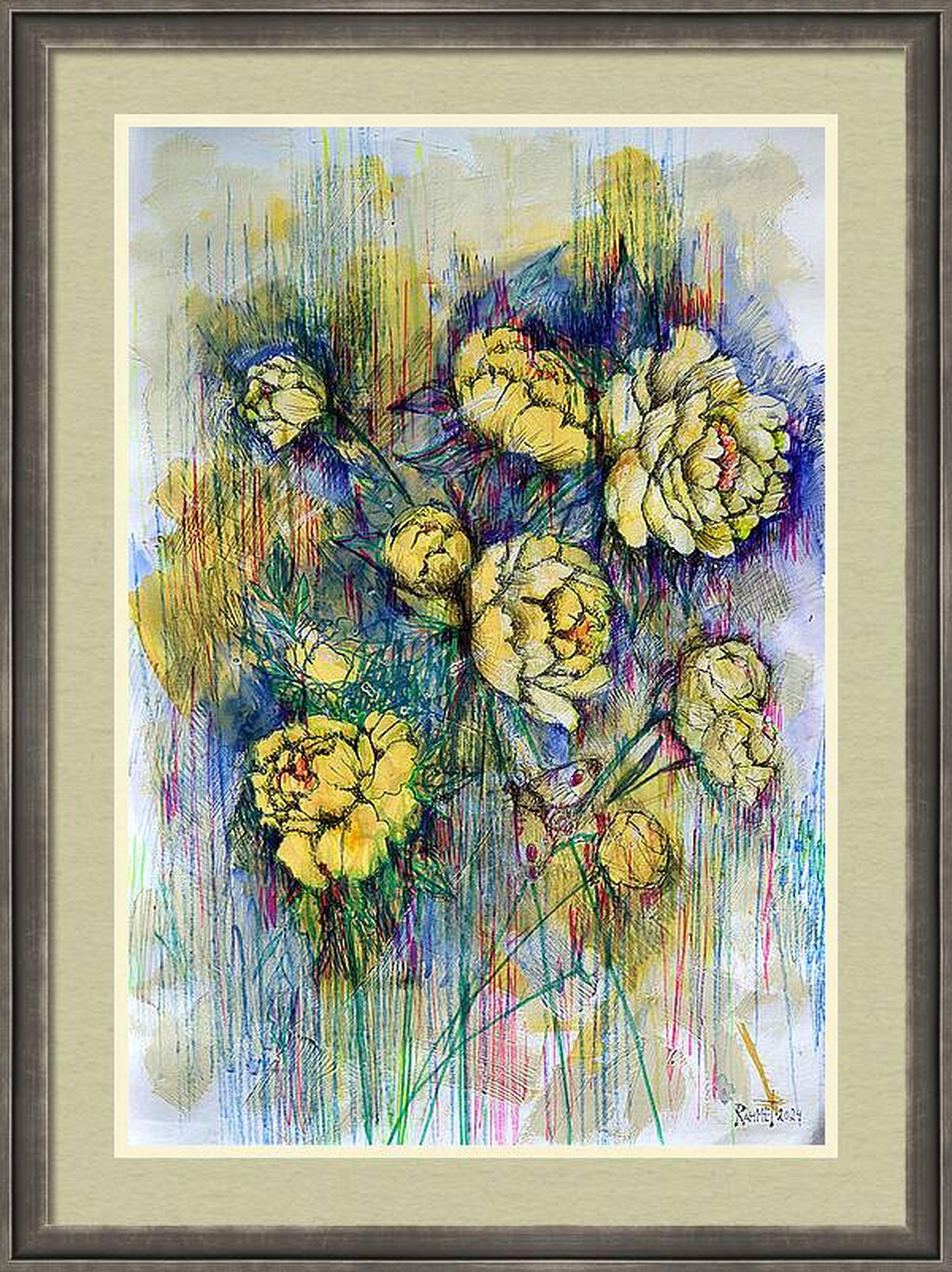 RAKHMET REDZHEPOV (RAMZI) Abstract Painting - "Fantasy with Flowers 225" Mixed , paper, 59x42cm, Unframed