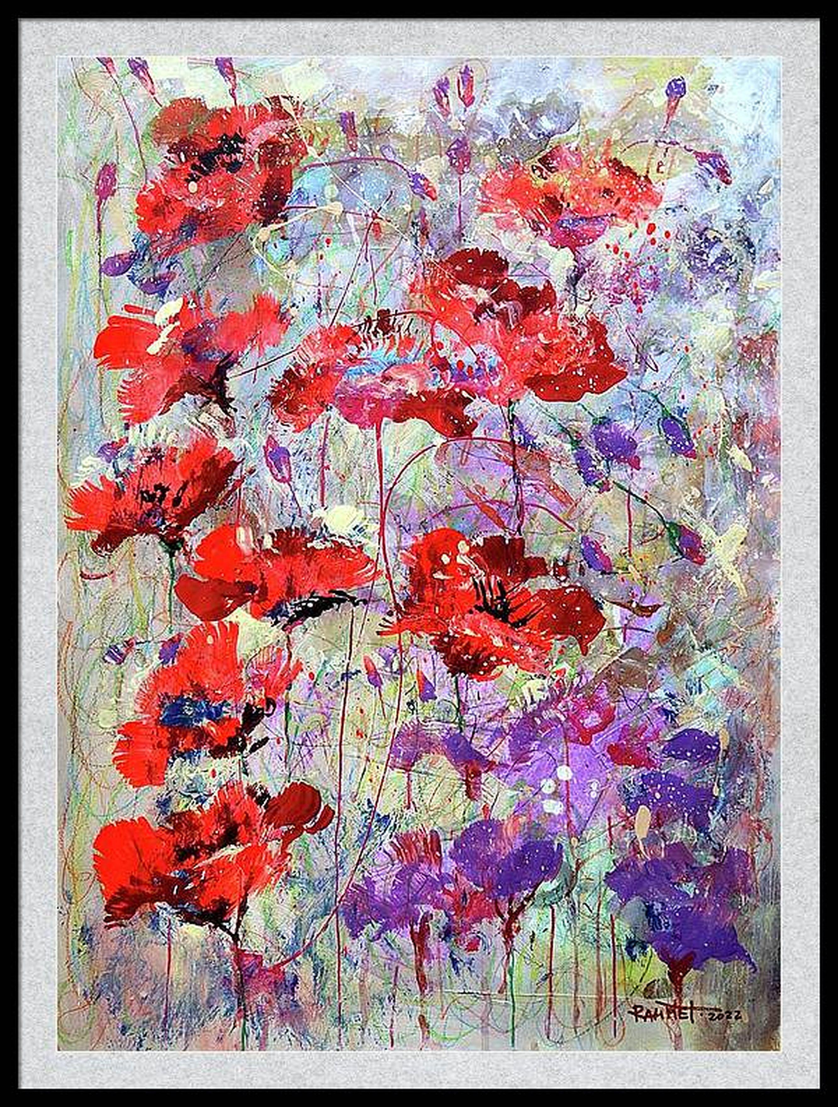 Fantasy with Flowers 45 - Gray Abstract Painting by RAKHMET REDZHEPOV (RAMZI)