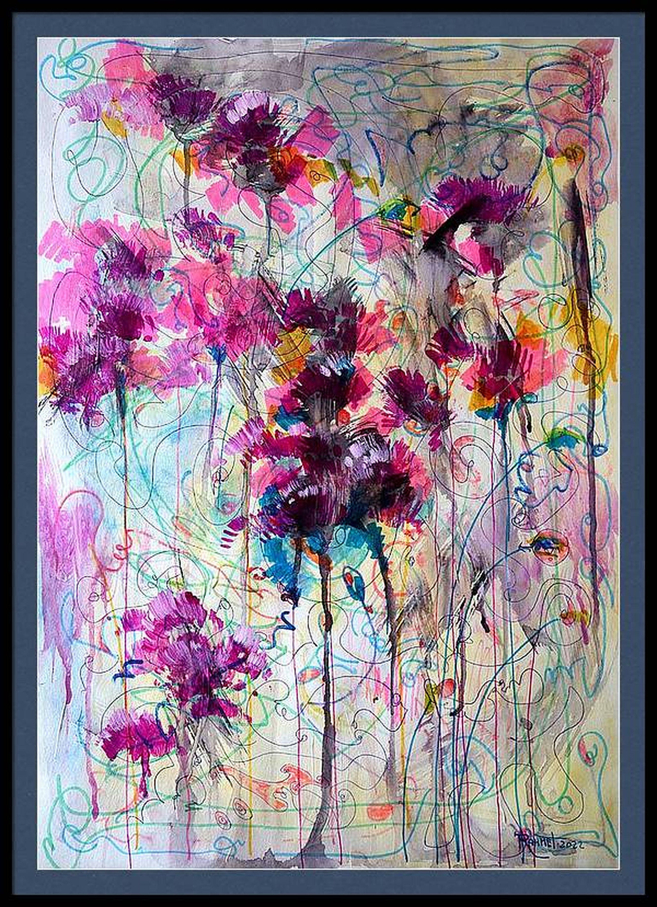 Fantasy with Flowers 51 - Gray Abstract Painting by RAKHMET REDZHEPOV (RAMZI)