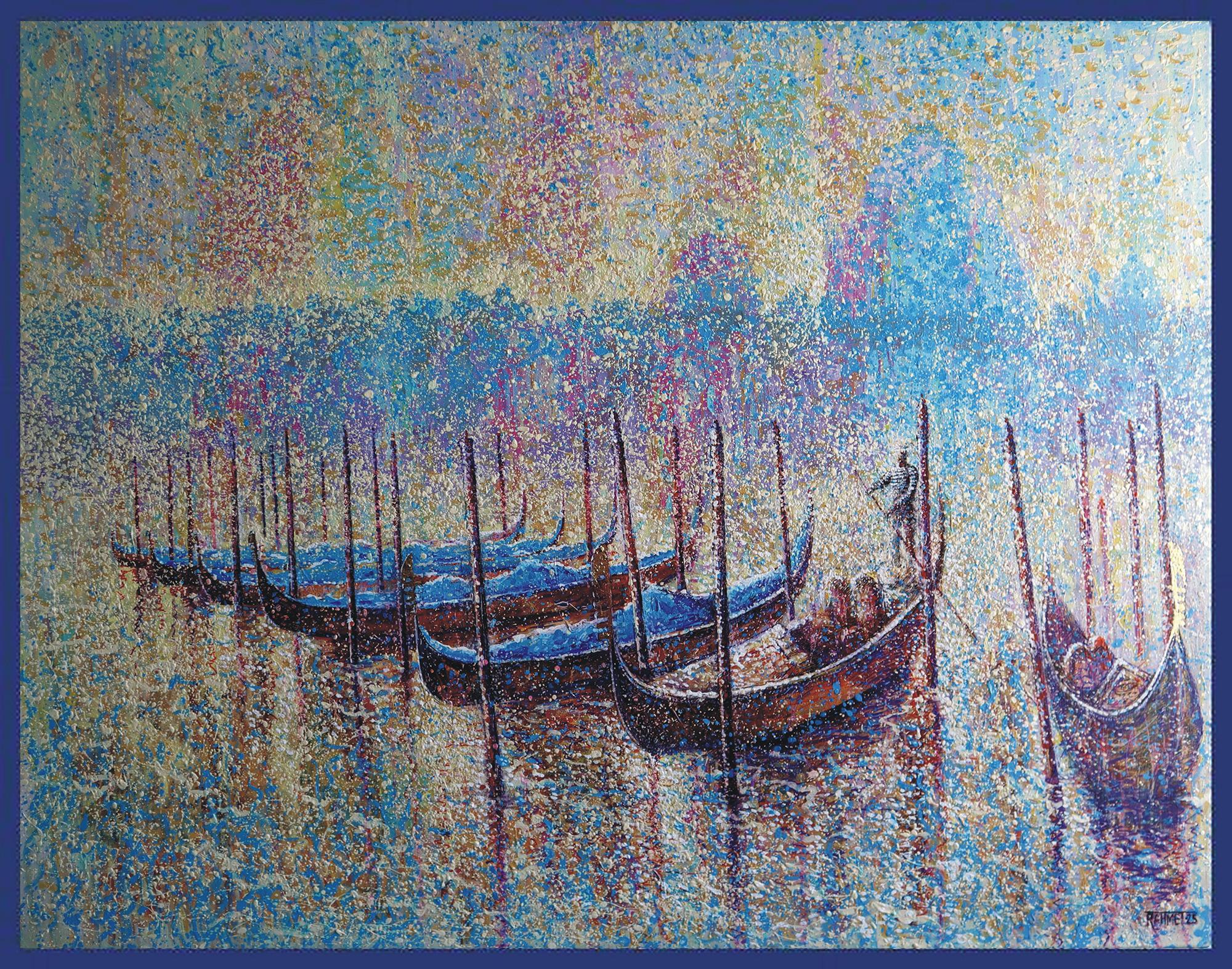 Al crear esta obra, intenté captar la belleza etérea de la luz danzando sobre el agua, utilizando una mezcla de acrílico y óleo para lograr un impresionismo rico en texturas. Esta obra de arte refleja el ambiente sereno de las góndolas en reposo,
