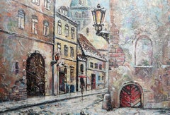 First Snow : Painting, Vibrant Sityscape, impasto, 80x80 cm