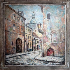 First Snow : Painting, Vibrant Sityscape, impasto, 80x80 cm