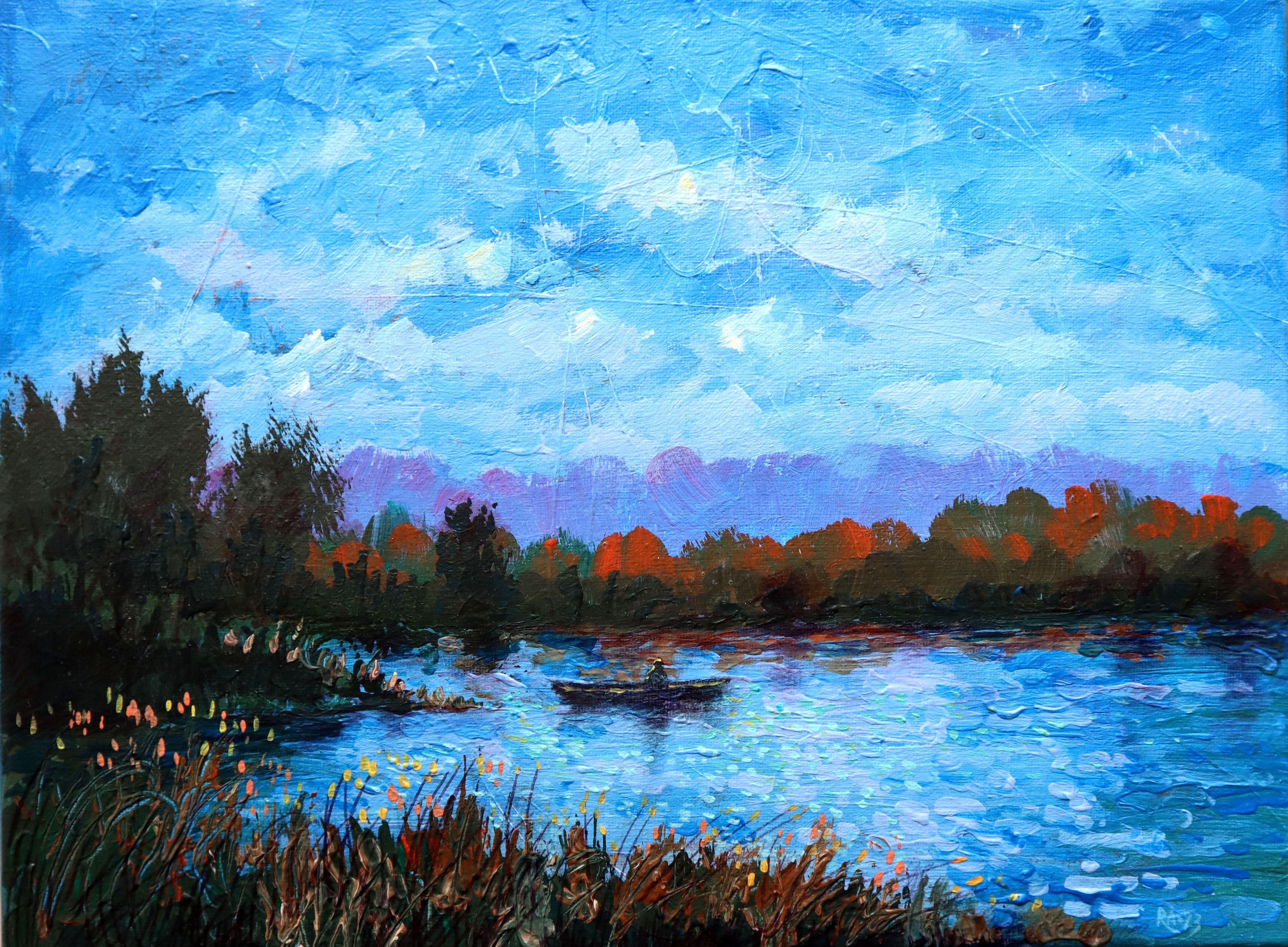 RAKHMET REDZHEPOV (RAMZI) Landscape Painting - Fisherman and Pond