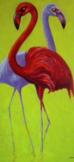Flamingo 2 : Peinture contemporaine, huile, acrylique, 100x60 cm