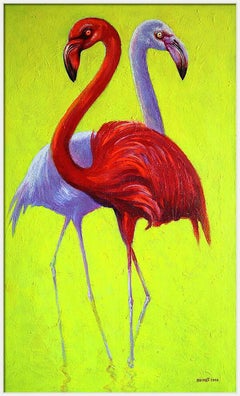 Flamingo 2 : Peinture contemporaine, huile, acrylique, 100x60 cm