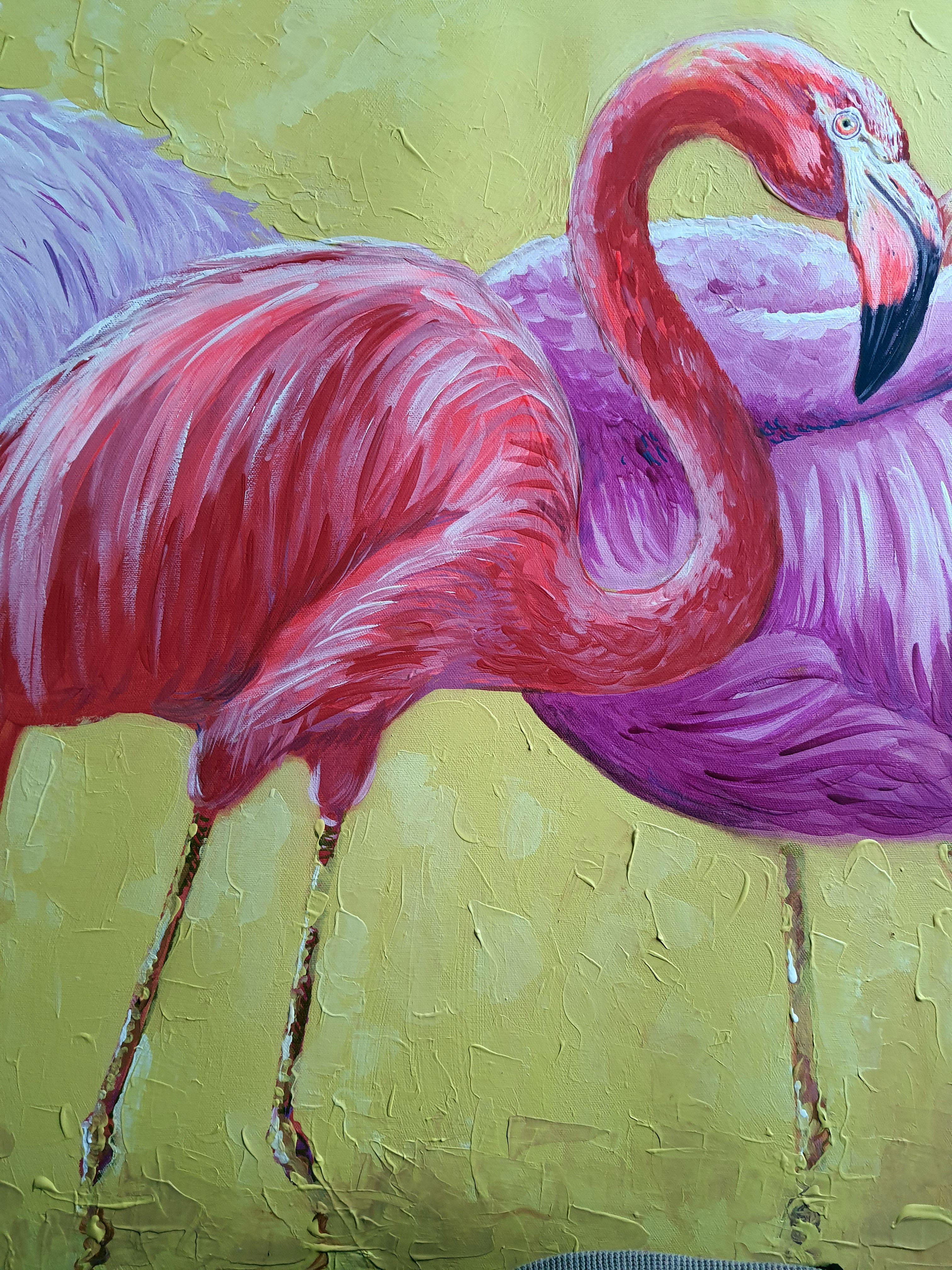 I poured my soul into the vibrant hues of this piece, where each brushstroke embodies the essence of life's fervor. The flamingos, resplendent in acrylic and oil, are a dance of color against a golden canvas—a symphony of expressionism and