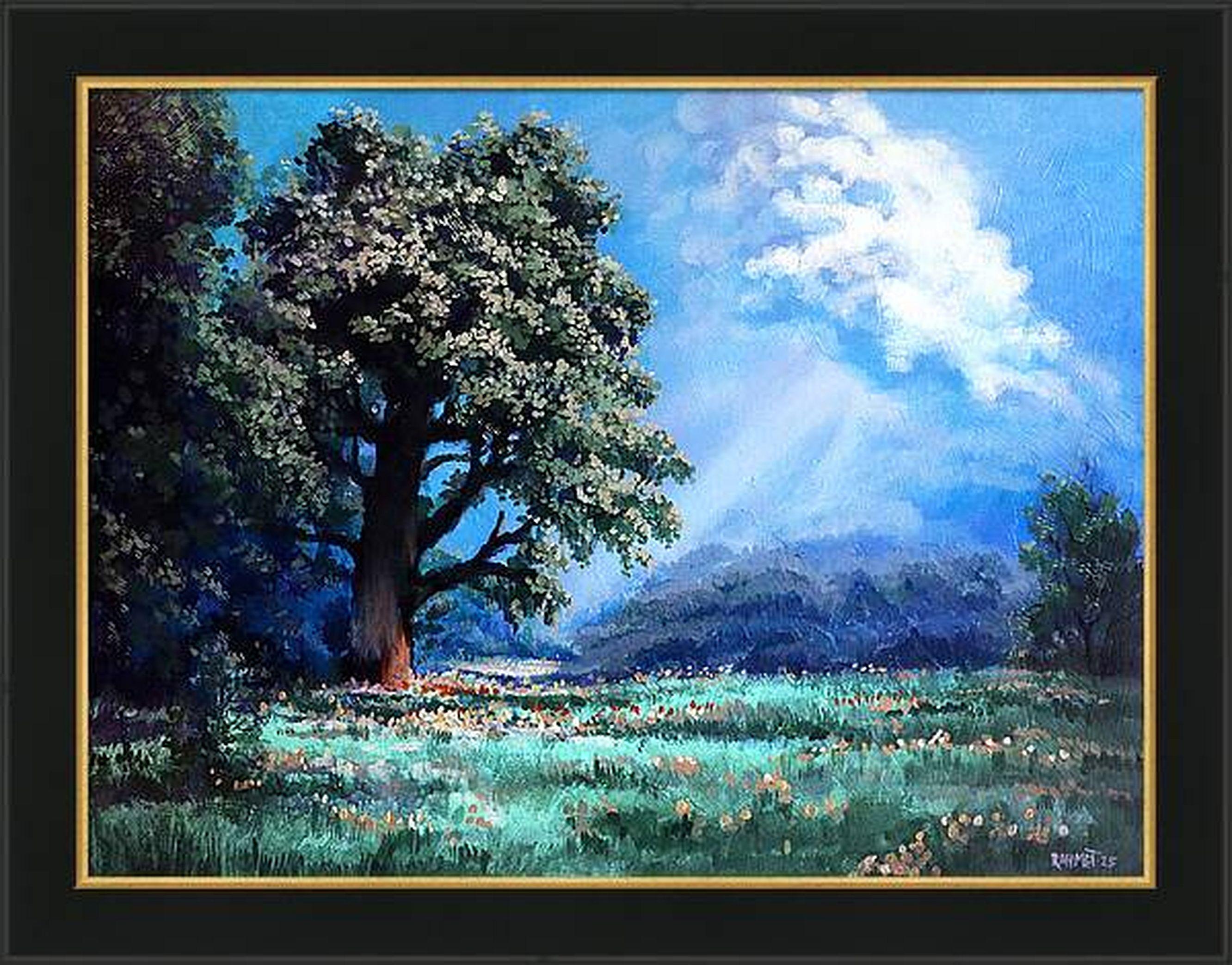 Bei der Schaffung dieses Gemäldes habe ich versucht, die Ruhe des Impressionismus mit der lebendigen Energie der Pop-Art zu verbinden, ohne dabei den Realismus aus den Augen zu verlieren. Der majestätische Baum, der in Sonnenlicht getaucht ist,