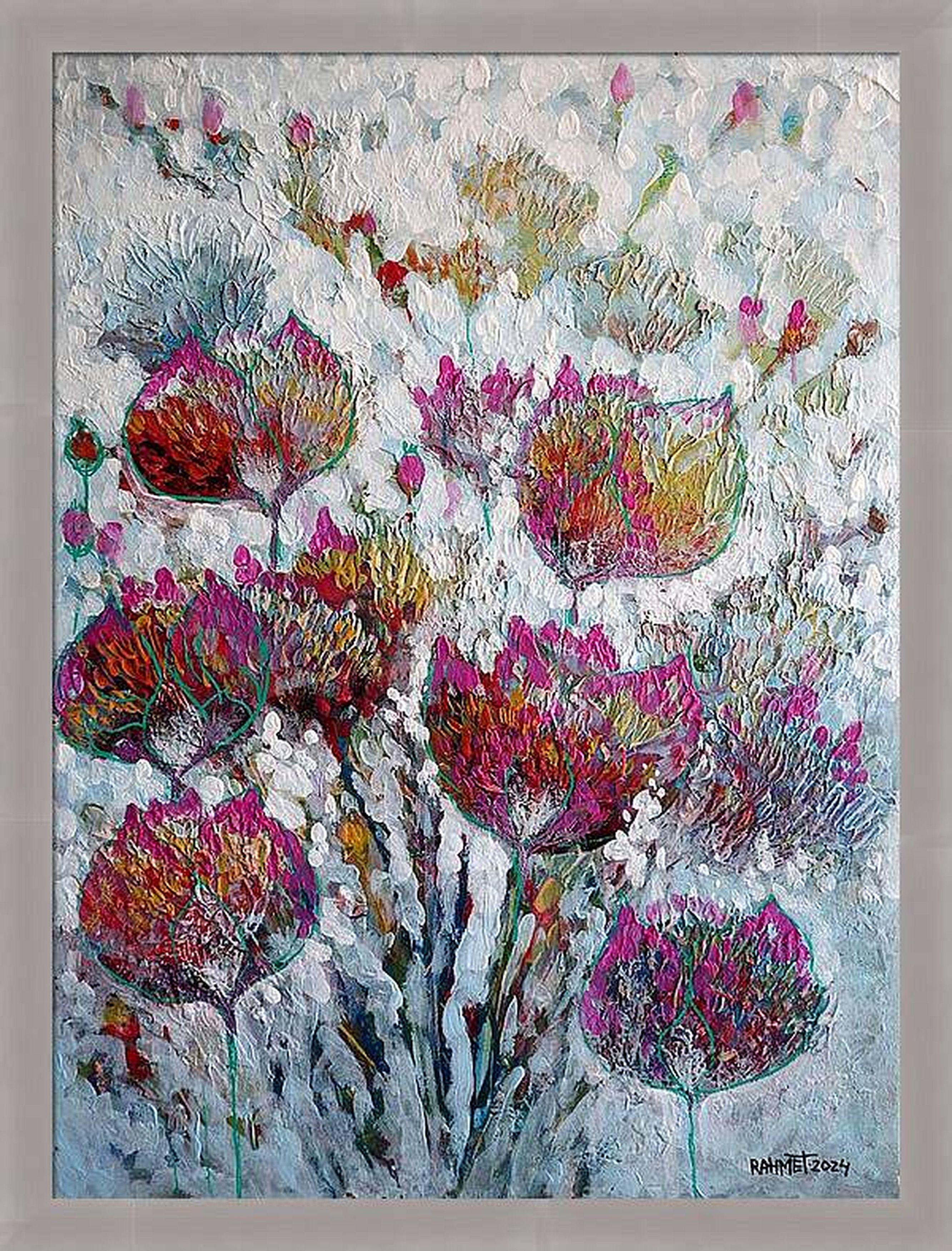 Fleurs de l'espace - Gris Still-Life Painting par RAKHMET REDZHEPOV (RAMZI)