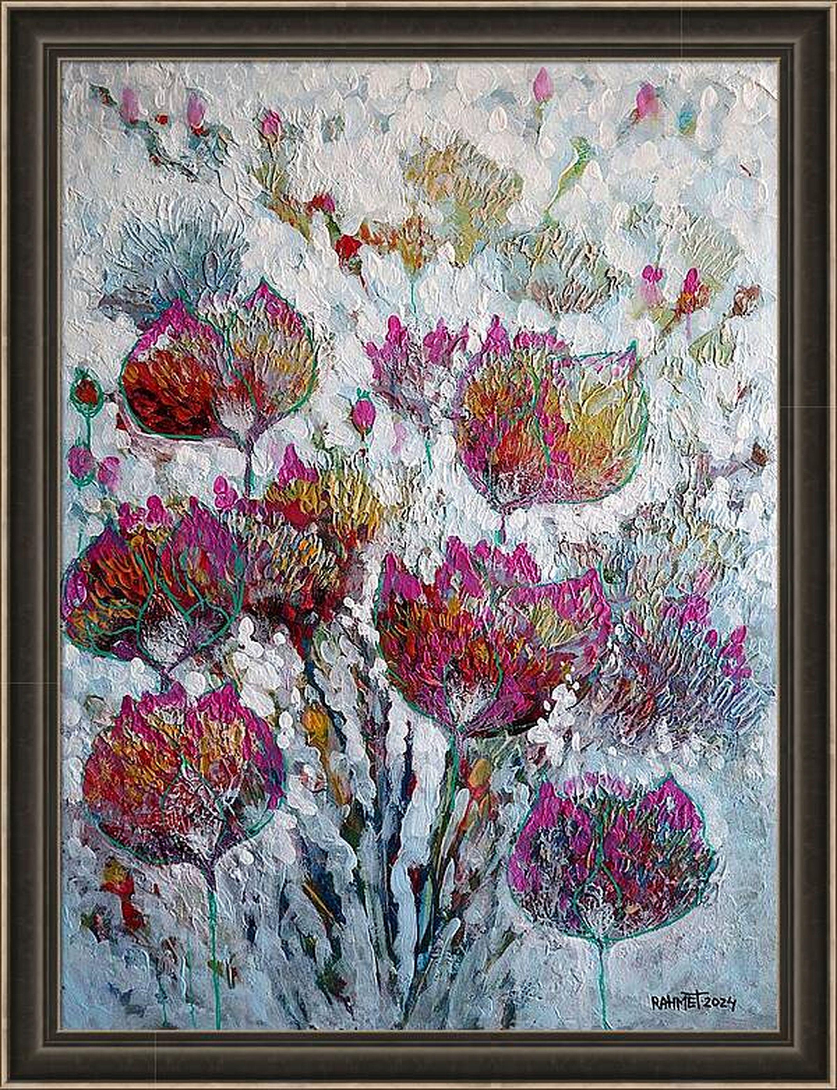 Je me suis immergée dans la couleur et la texture, laissant les émotions guider mes pinceaux et mes couteaux à palette. Des éclaboussures d'acrylique et d'huile se fondent dans une danse cosmique, capturant la beauté sauvage des fleurs qui