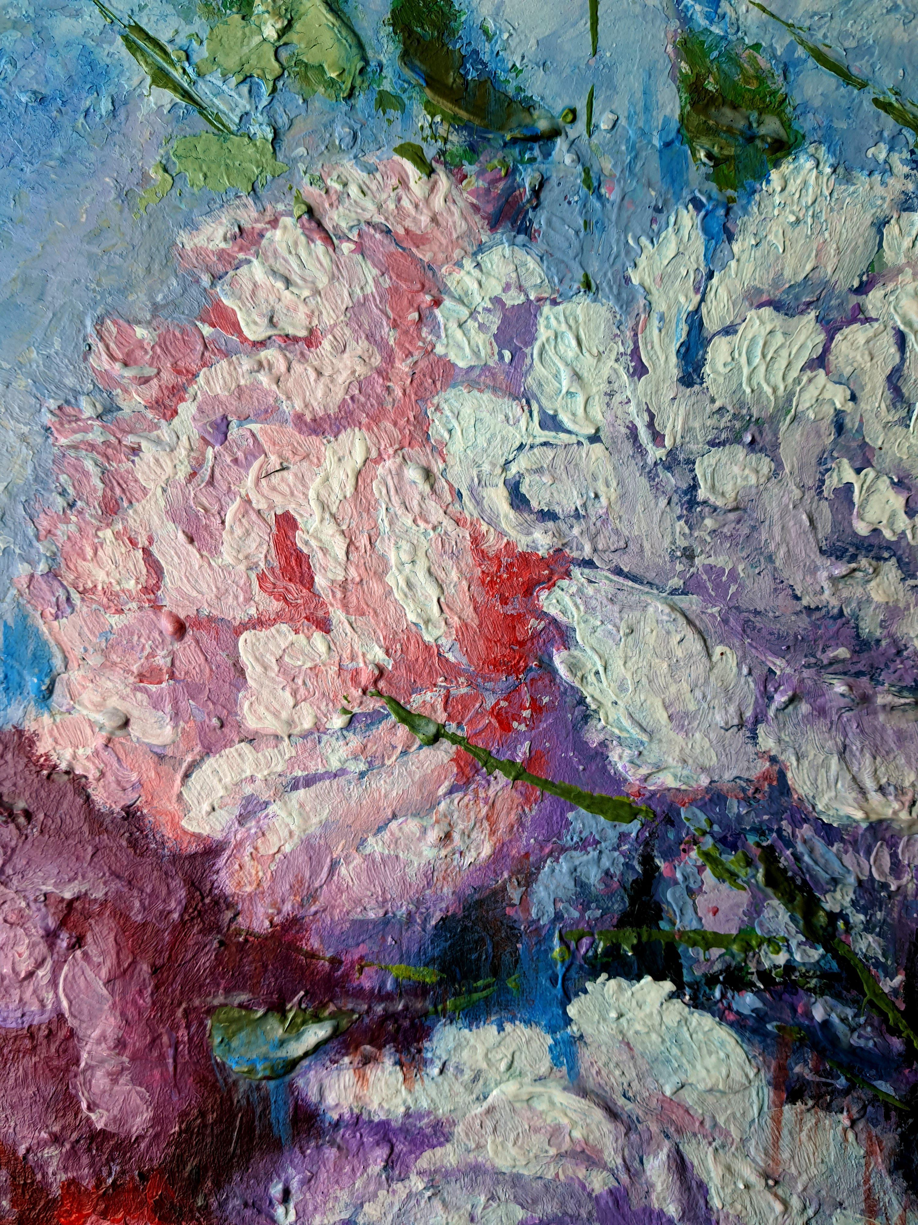 Infused with the vibrancy of acrylics, the depth of oils, and the texture of oil pastels, I've created a piece that dances between expressionism and impressionism. My brushstrokes capture the wild essence of florals juxtaposed with the tranquility