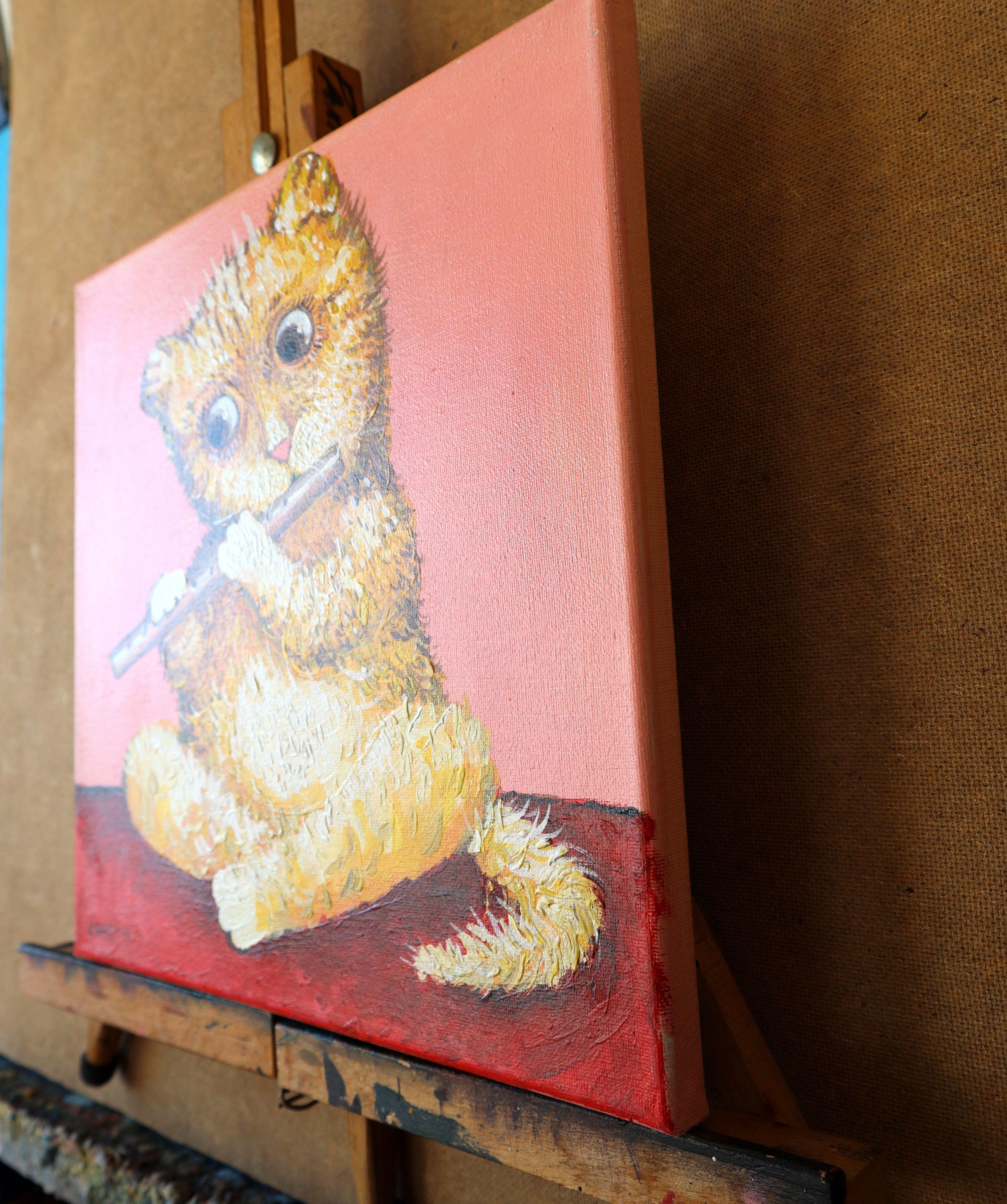 In this artwork, I've infused the canvas with a symphony of passion and playfulness, blending acrylic and oil to breathe life into a whimsical character whose soulful eyes and gentle grasp of the flute capture the innocence and joy that music