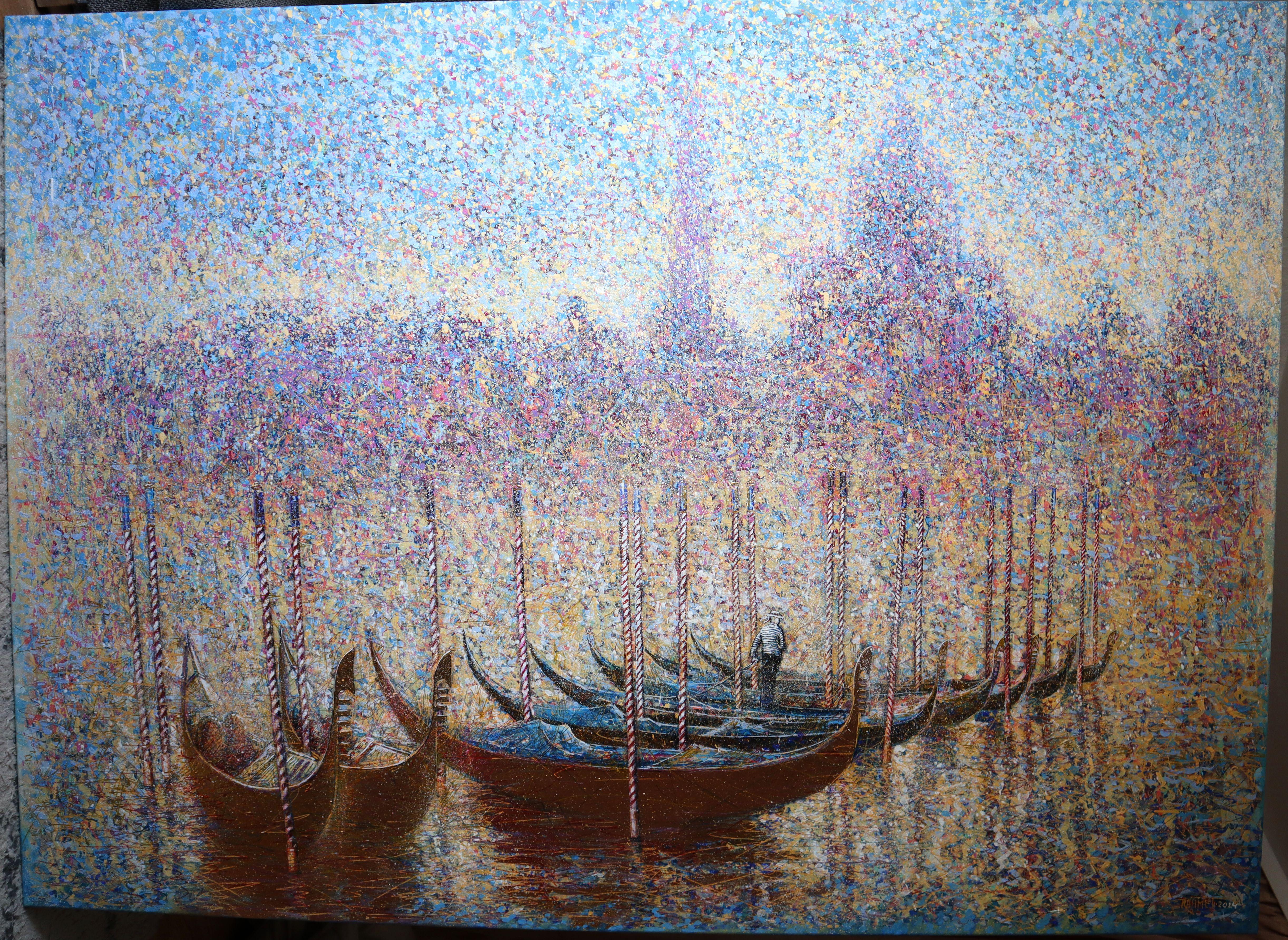 Golden Gondolas of Venice - Impressionist Painting by RAKHMET REDZHEPOV (RAMZI)