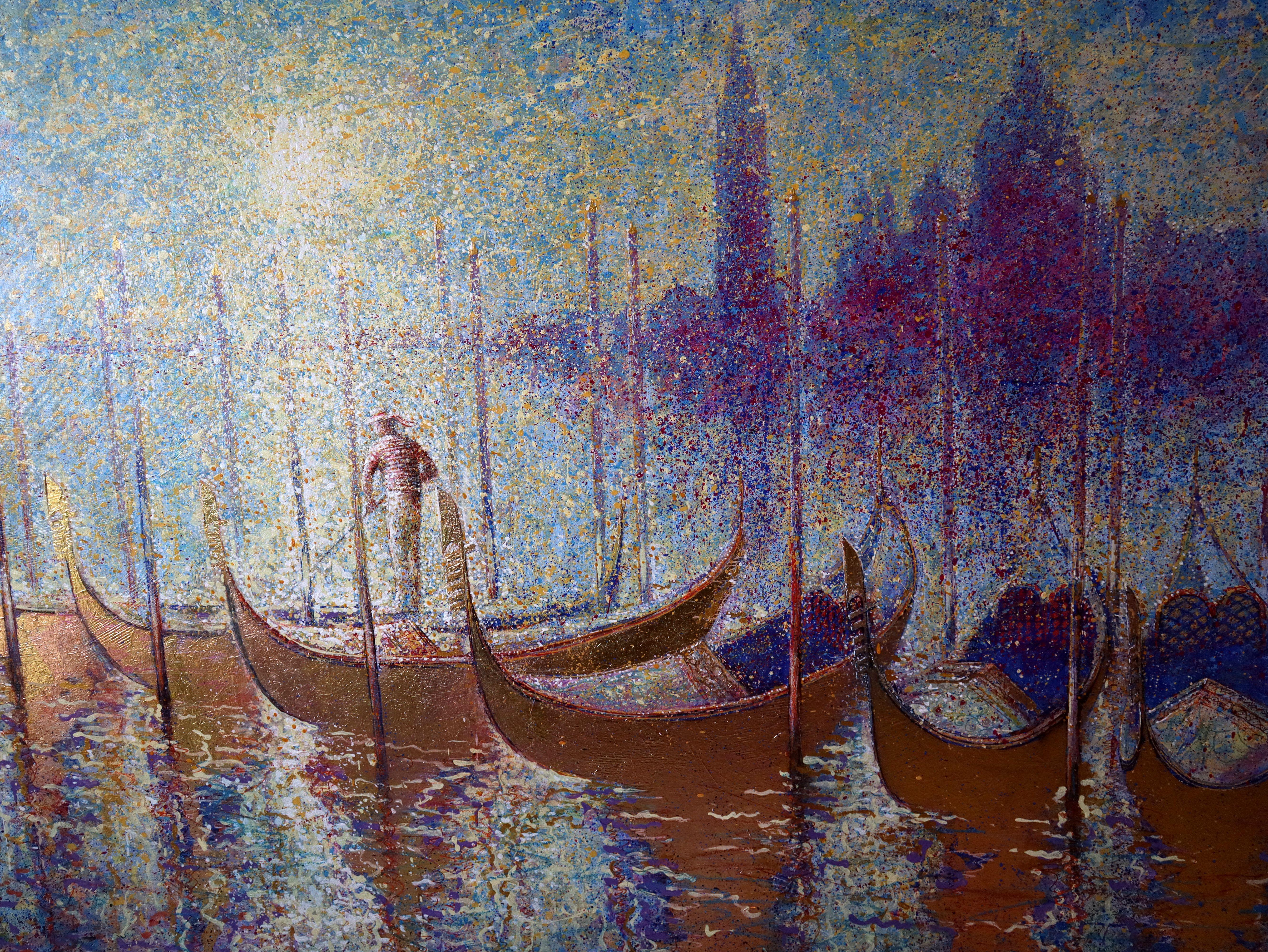 Goldene Gondeln von Venedig an einem romantischen Sommer sonnigen Morgen im Angebot 7