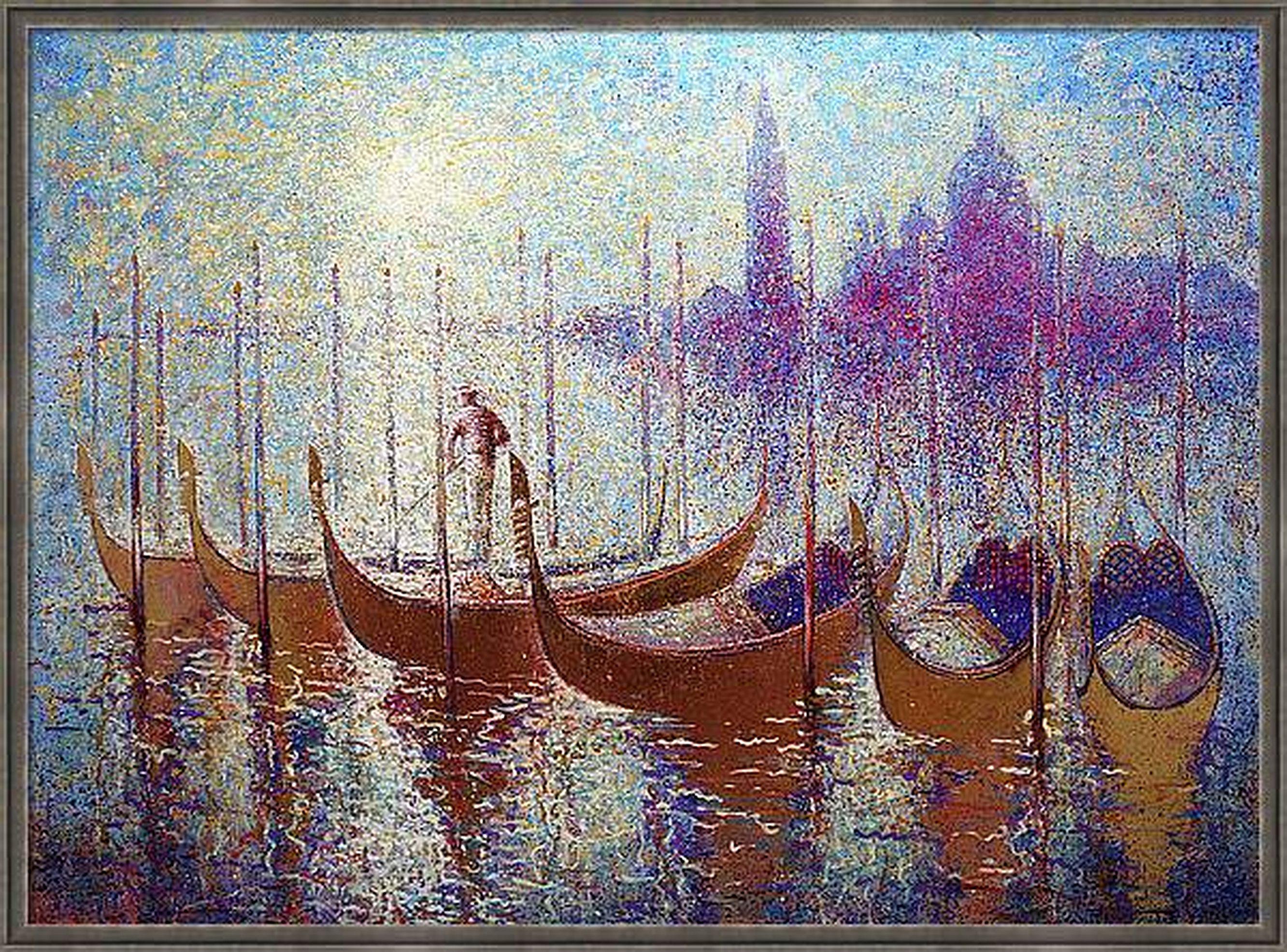 Goldene Gondeln von Venedig an einem romantischen Sommer sonnigen Morgen – Painting von RAKHMET REDZHEPOV (RAMZI)