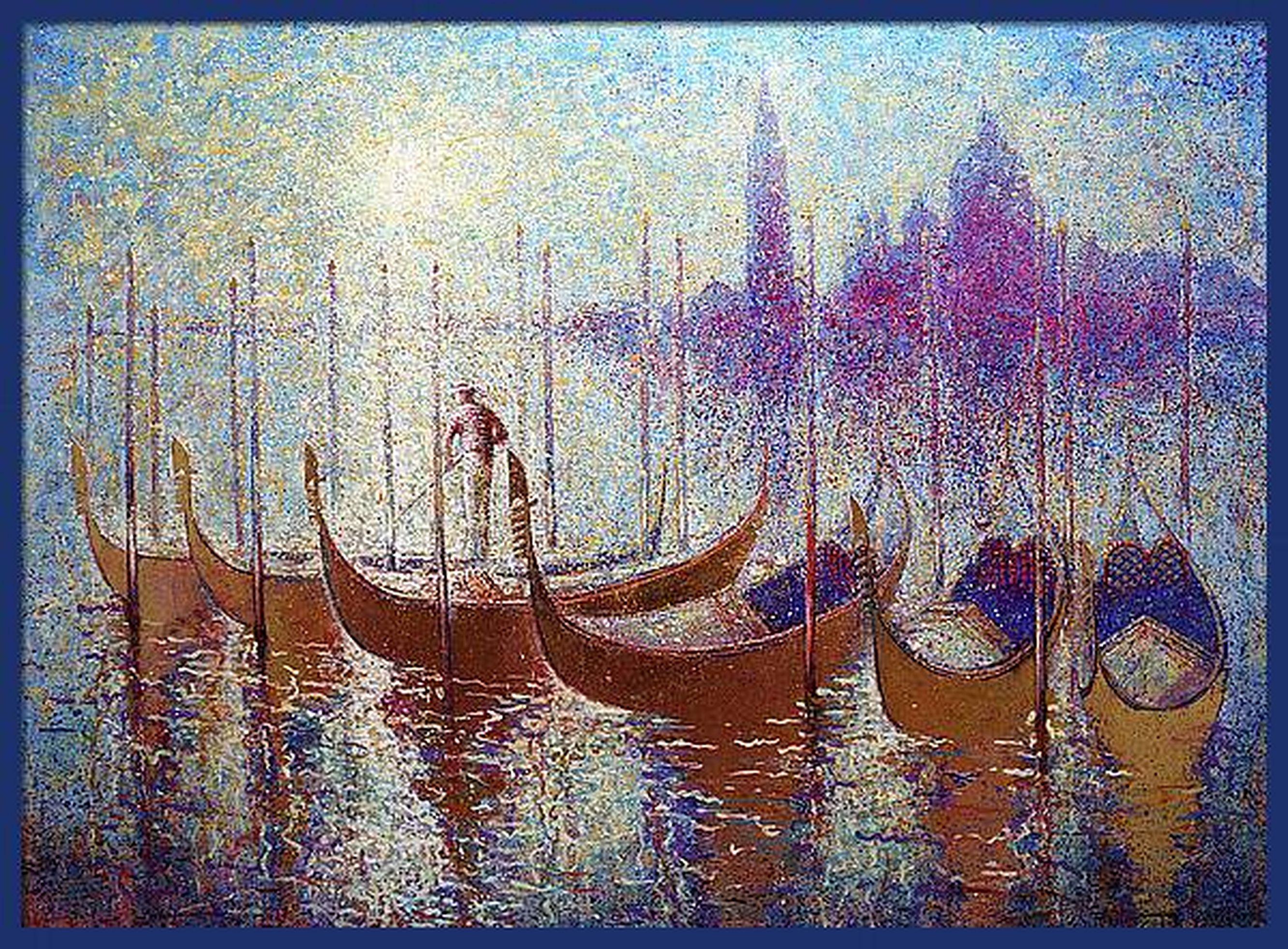Goldene Gondeln von Venedig an einem romantischen Sommer sonnigen Morgen (Impressionismus), Painting, von RAKHMET REDZHEPOV (RAMZI)