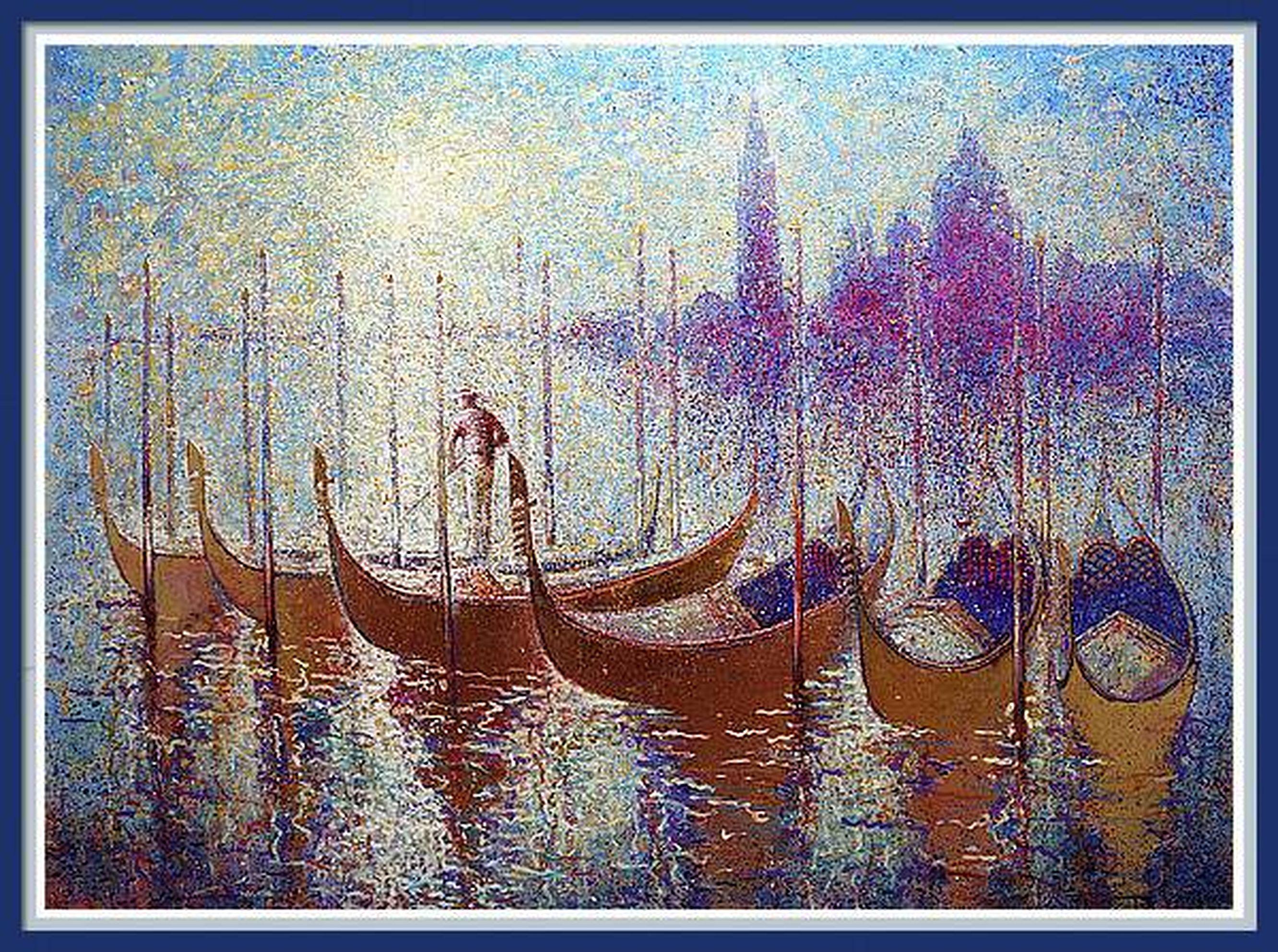 Goldene Gondeln von Venedig an einem romantischen Sommer sonnigen Morgen (Grau), Landscape Painting, von RAKHMET REDZHEPOV (RAMZI)
