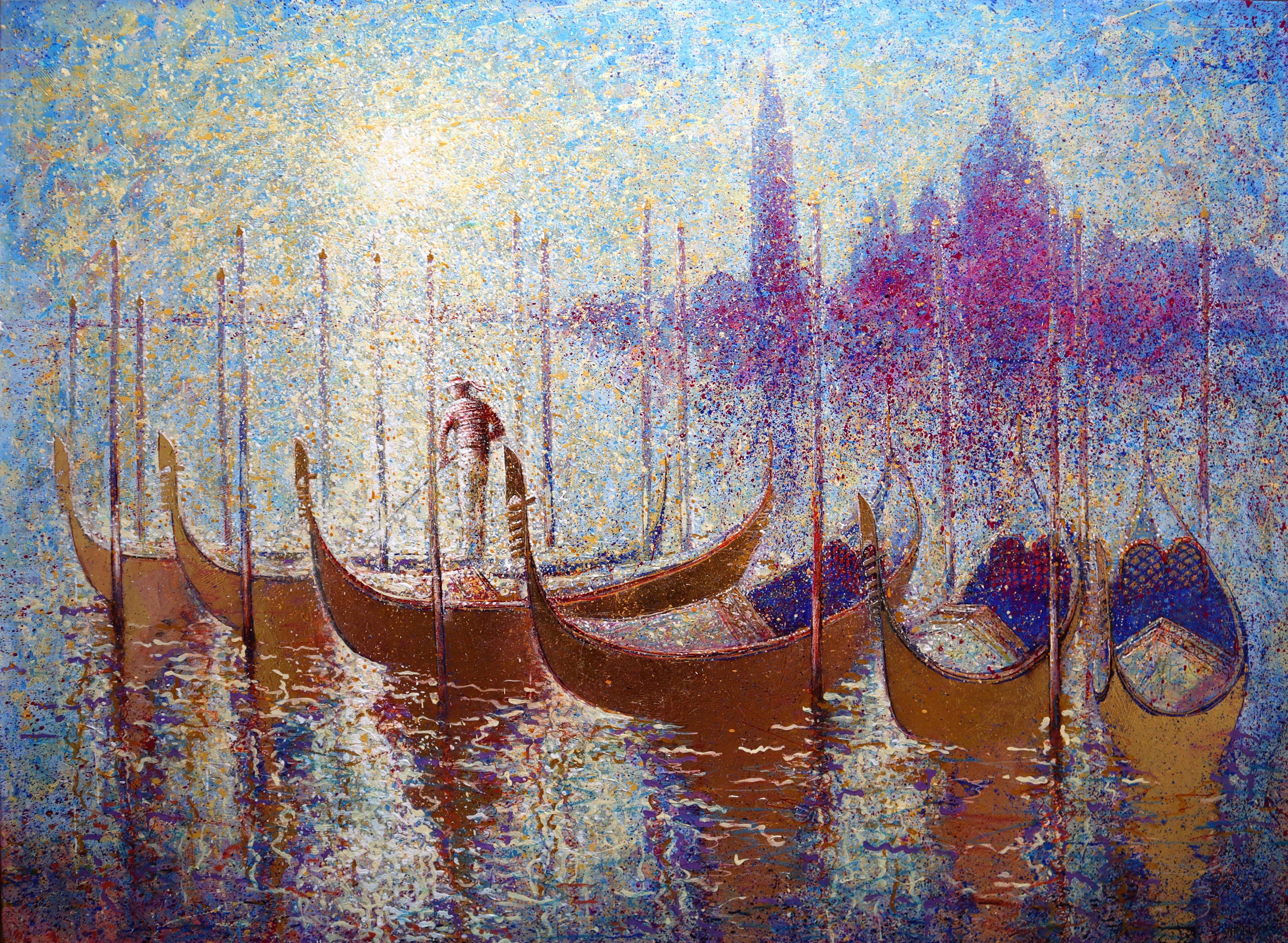 Góndolas doradas de Venecia en una romántica mañana soleada de verano