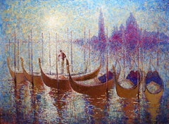 Góndolas doradas de Venecia en una romántica mañana soleada de verano