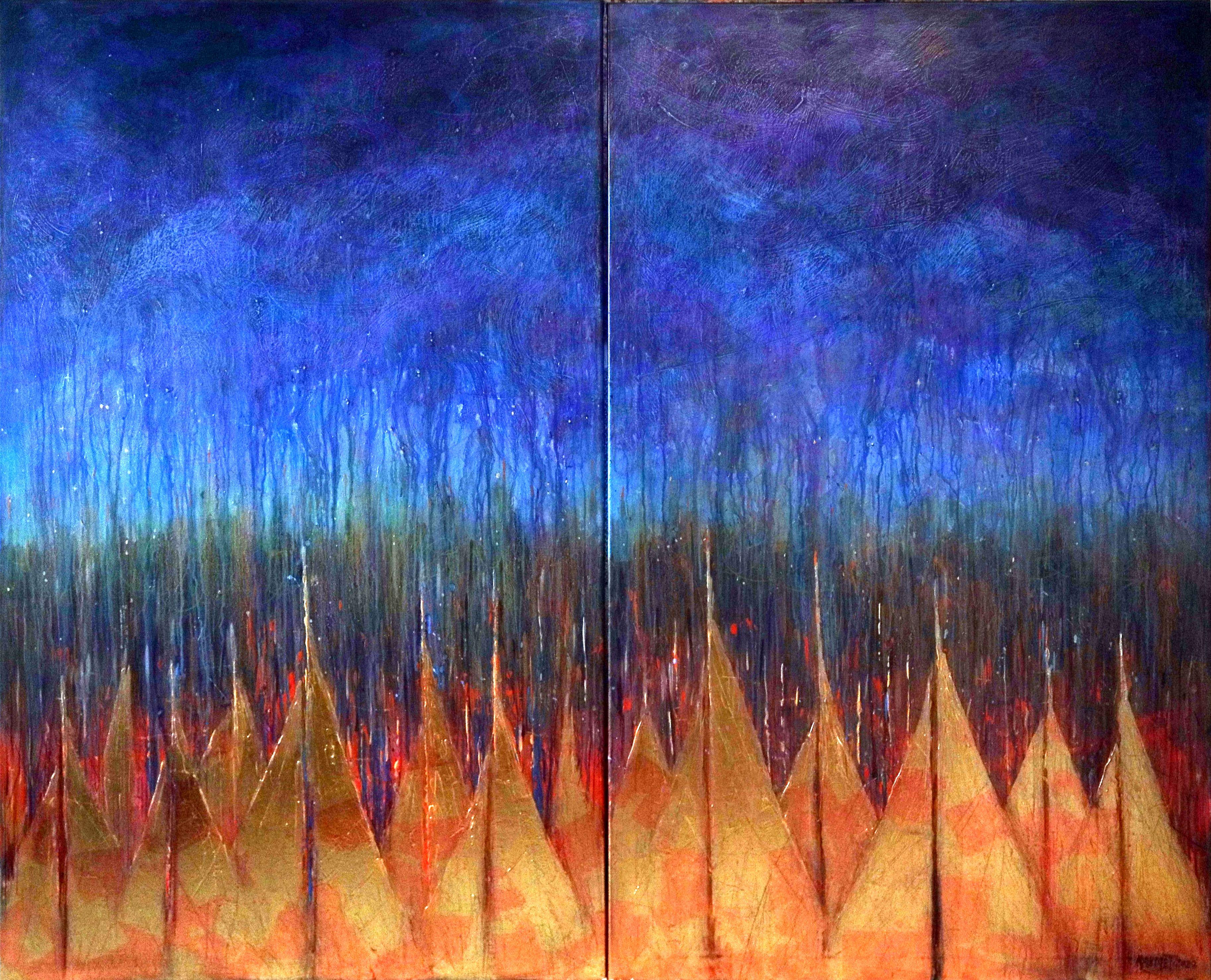 In this expressive diptych, I capture the ethereal grace of dawn's first light. Using acrylics, oils, and oil pastels, I've created a symphony of color where the golden sails, symbolic of hope and dreams, rise against the deep blues of life's