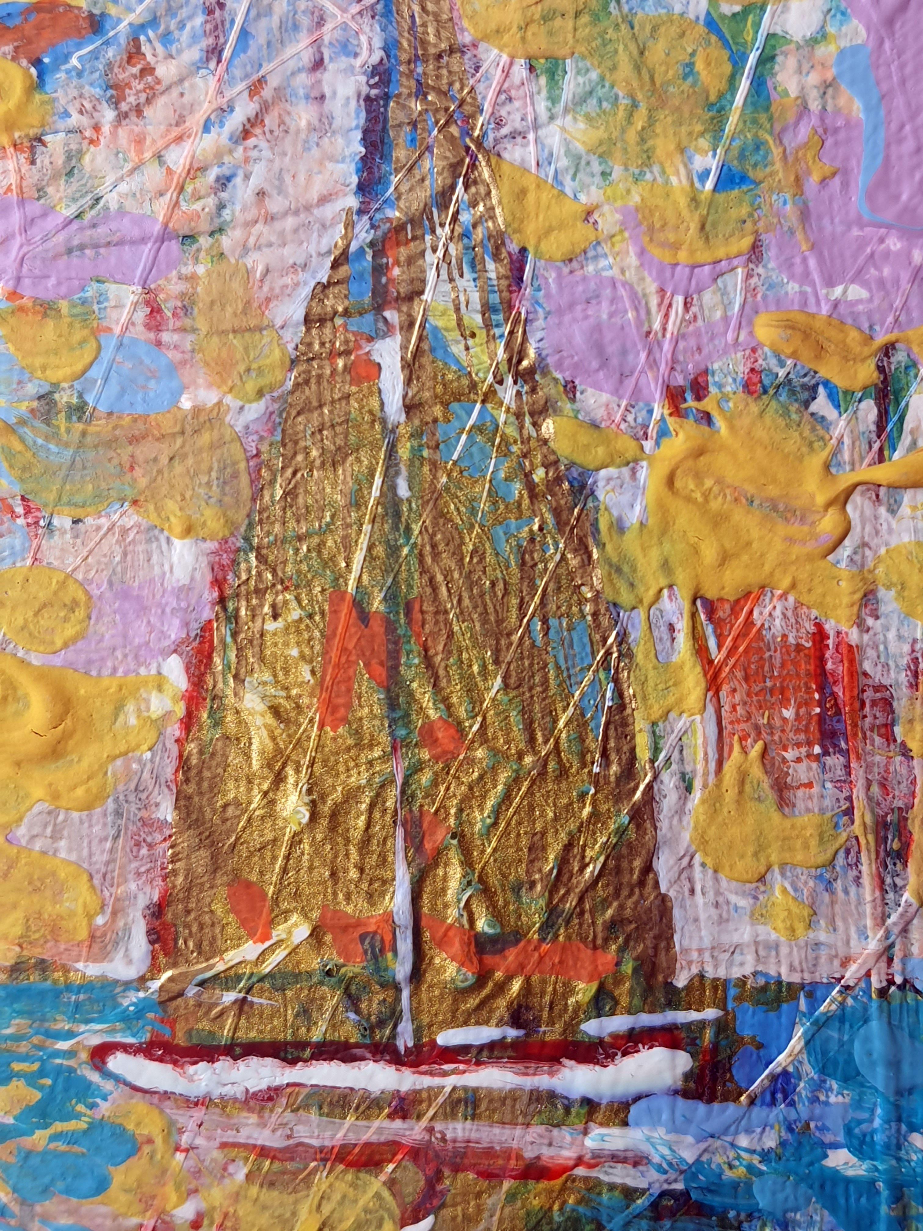 In diesem lebendigen Gemälde habe ich mit ausdrucksstarken Pinselstrichen eine Symphonie von Farben entfesselt und Acryl- und Ölfarben vermischt, um die vergängliche Schönheit eines dramatischen Sonnenuntergangs einzufangen. Es tanzt zwischen