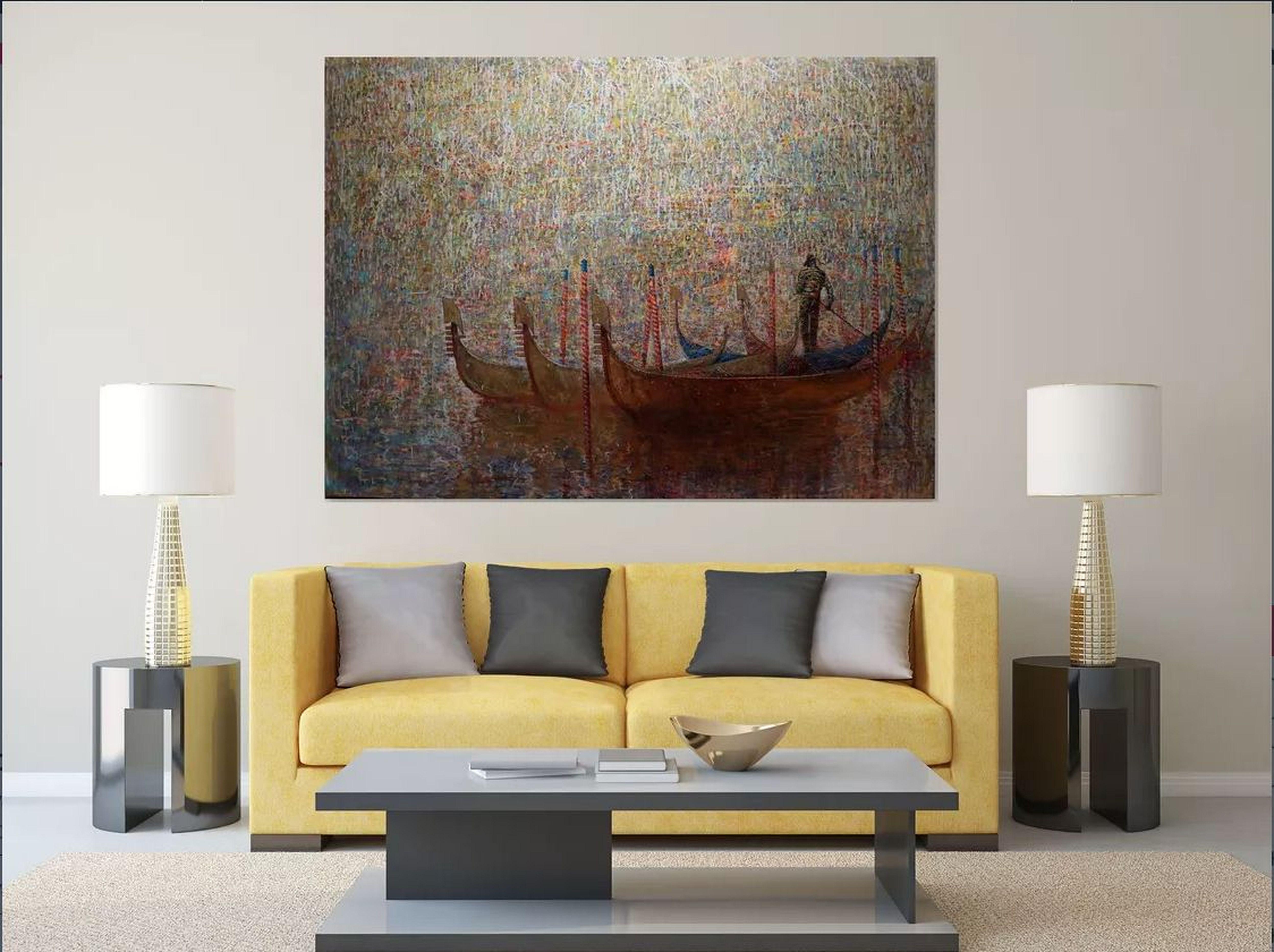 Gondolier and Sunny Morning in Venice - Brown Interior Painting by RAKHMET REDZHEPOV (RAMZI)