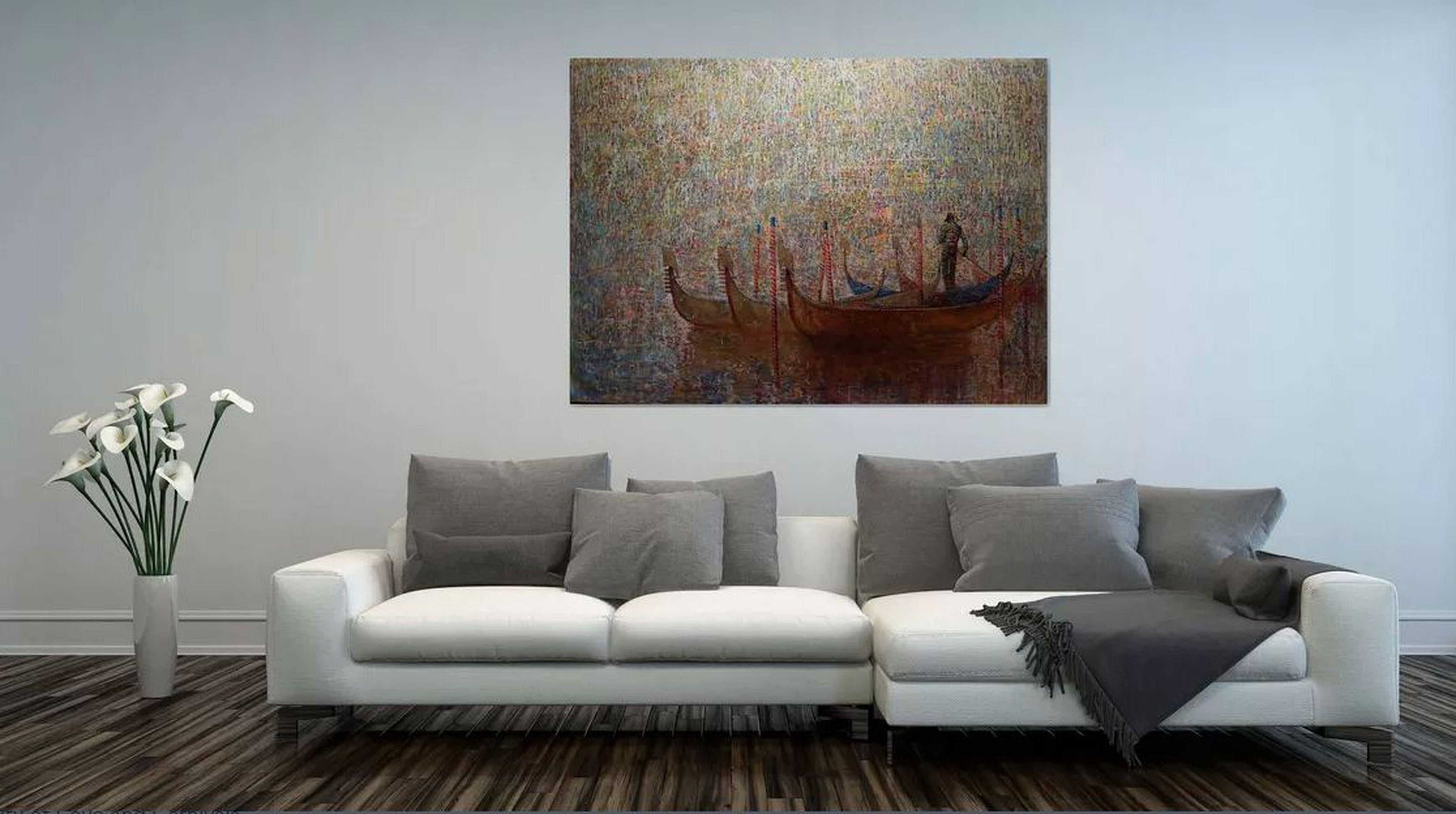 In this passionate dance of color and texture, I've depicted a scene that ignites the senses, where gondolas float in a dreamscape of fiery hues. Each stroke blends acrylic and oil to breathe life into an abstract reverie, evoking the spirit of