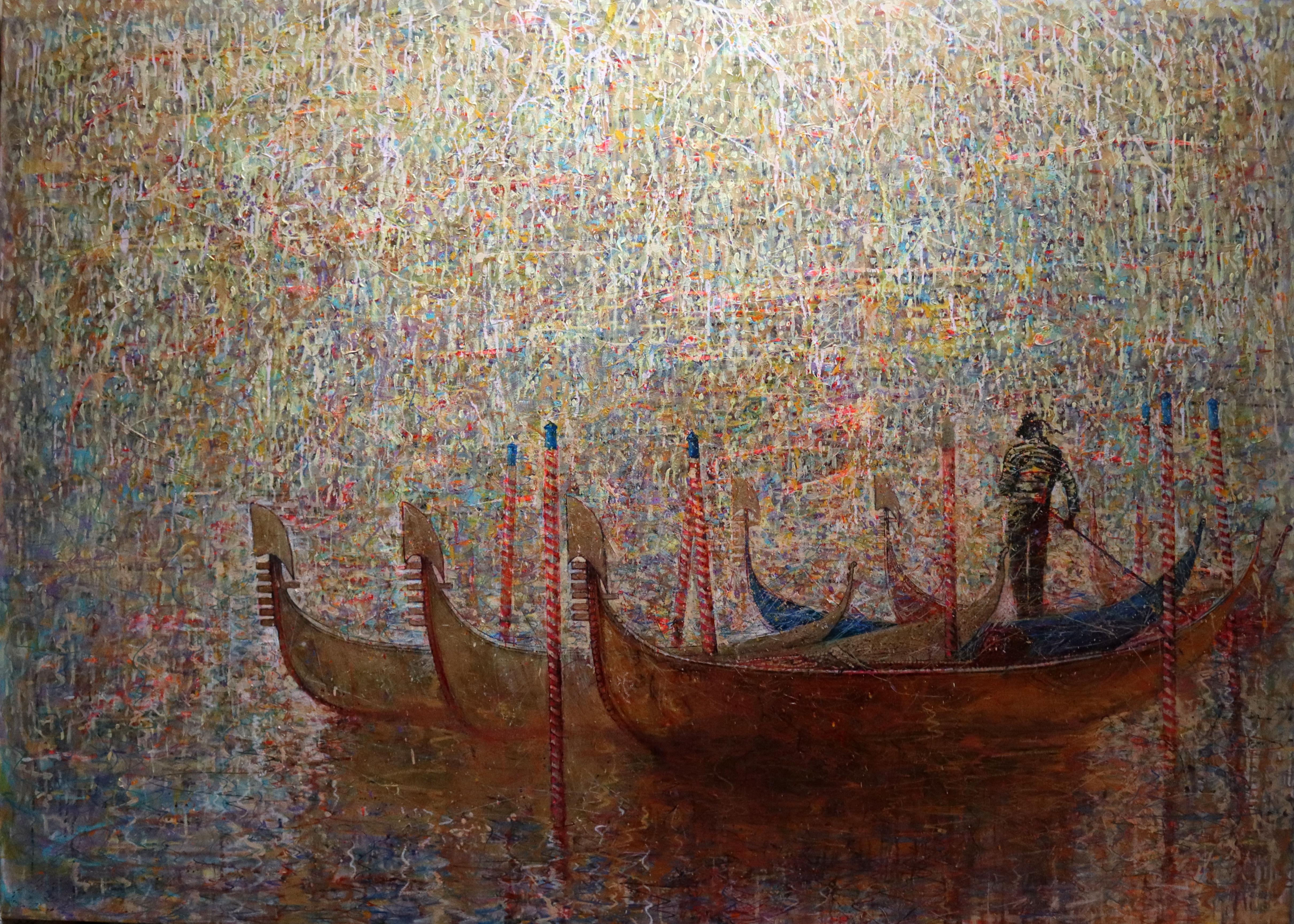 RAKHMET REDZHEPOV (RAMZI) Landscape Painting – Gondolier und sonniger Morgen in Venedig 