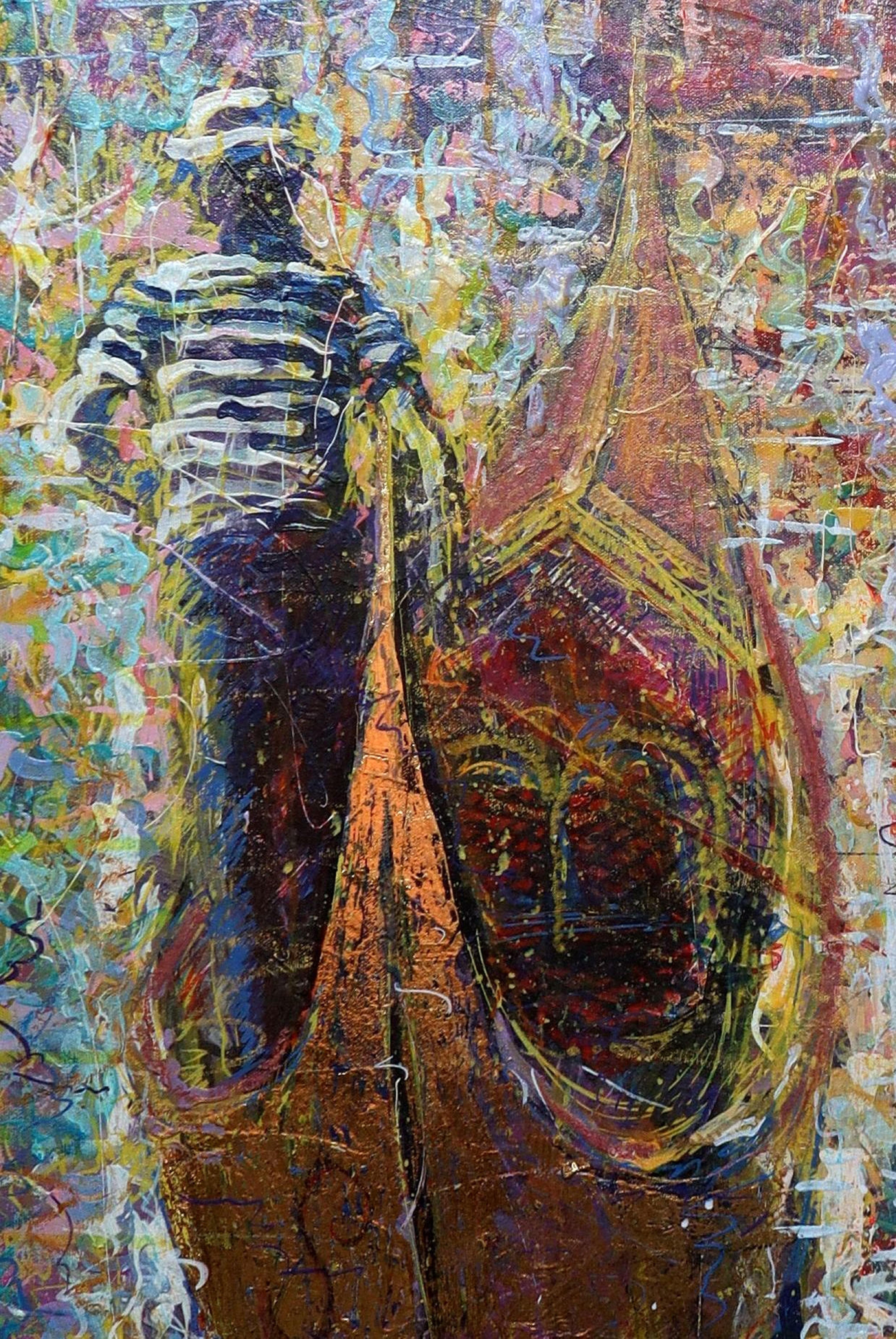 J'ai tissé mes rêves sur cette toile, en mélangeant l'acrylique, l'huile et le pastel pour exprimer le désir d'exploration. Mes traits dansent entre l'expressionnisme et l'impressionnisme, évoquant l'essence vibrante de l'aventure. C'est une