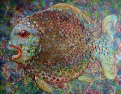 "Happy Fish" 70x80cm. Acrylic, Oil, linen canvas mixed-media