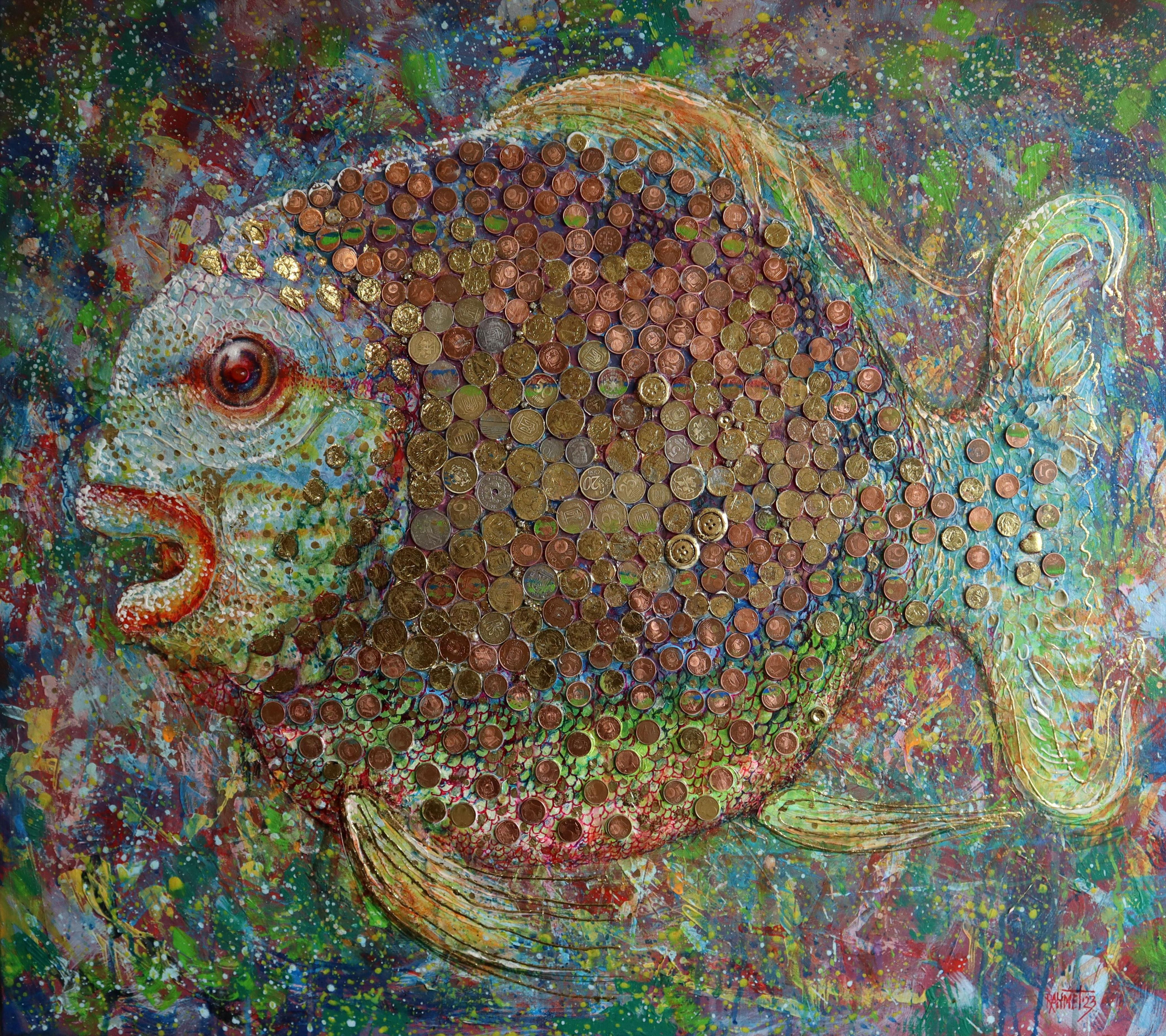 "Happy Fish" 70x80cm. Acrylic, Oil, linen canvas mixed-media