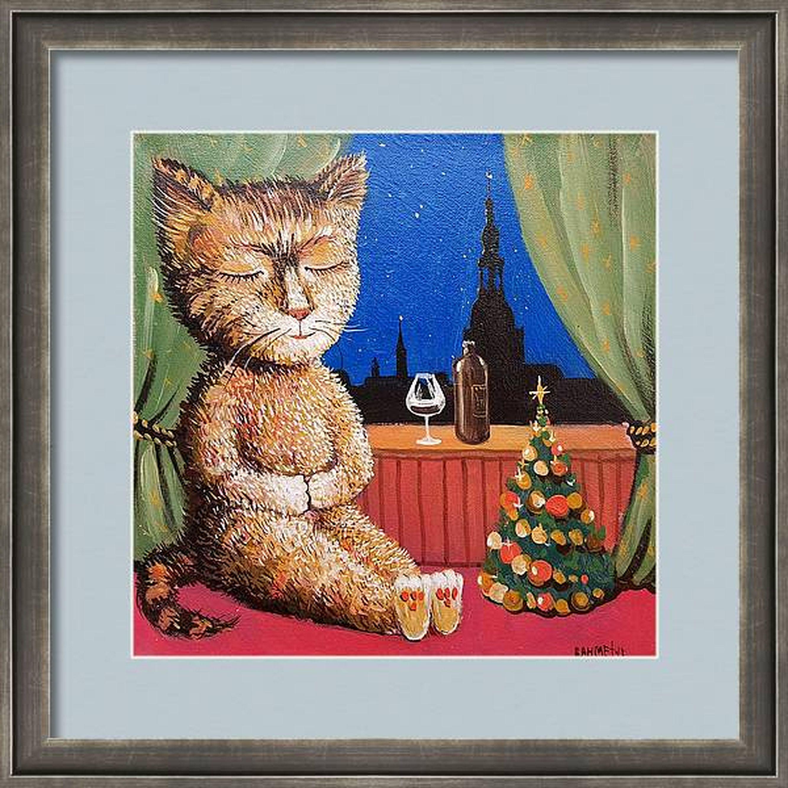 In this piece, I've melded the warmth of acrylics with the depth of oils to capture a whimsical holiday moment. It's a playful embrace of pop art and naïveté, with a hint of primitivism and the soft strokes of impressionism. The content feline,