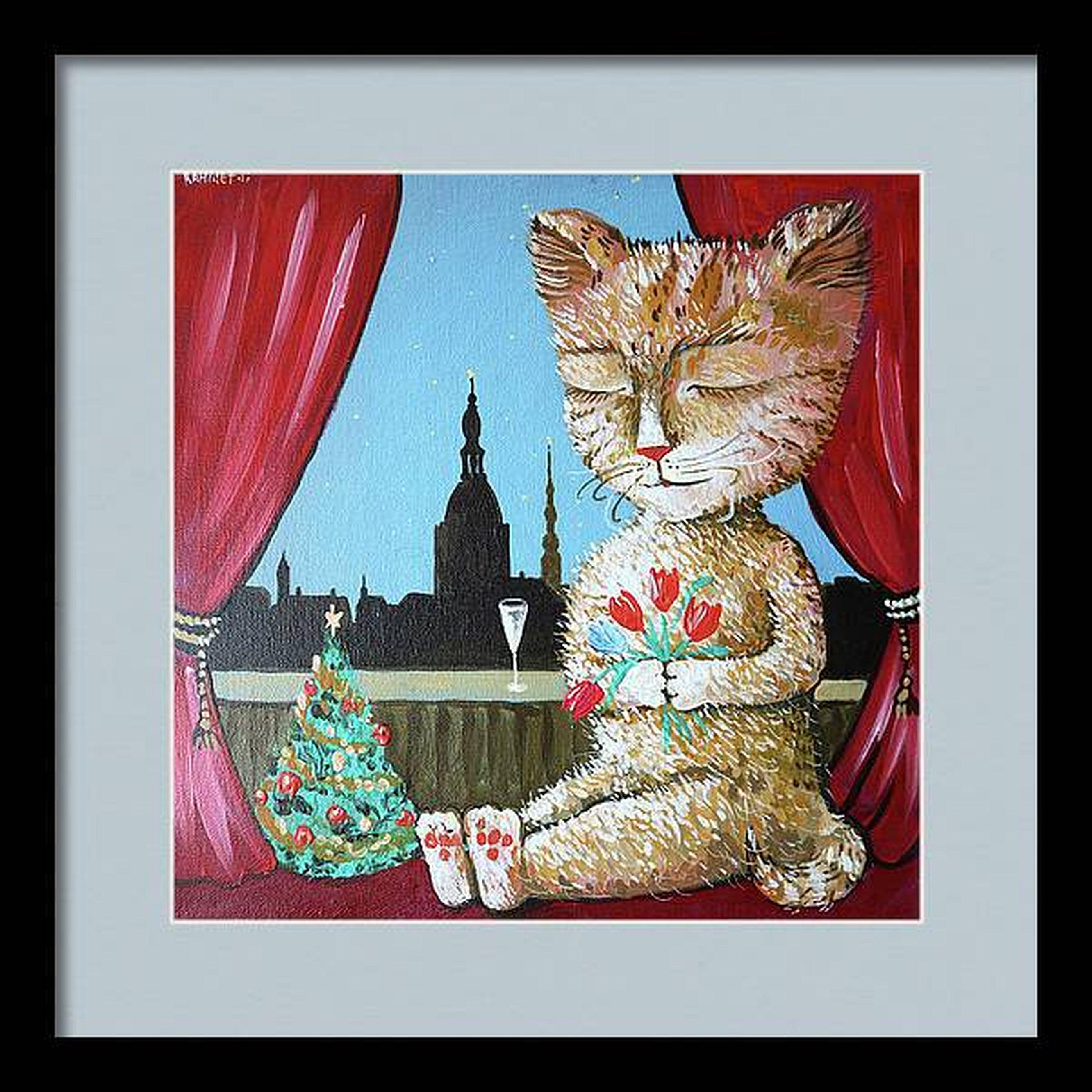 Embracing the vibrancy of pop art and the simplicity of primitivism, my creation merges joyful naiveté with hints of impressionistic texture. In this painting, crafted with acrylic and oil, I've showcased a whimsical feline, eyes closed in serene