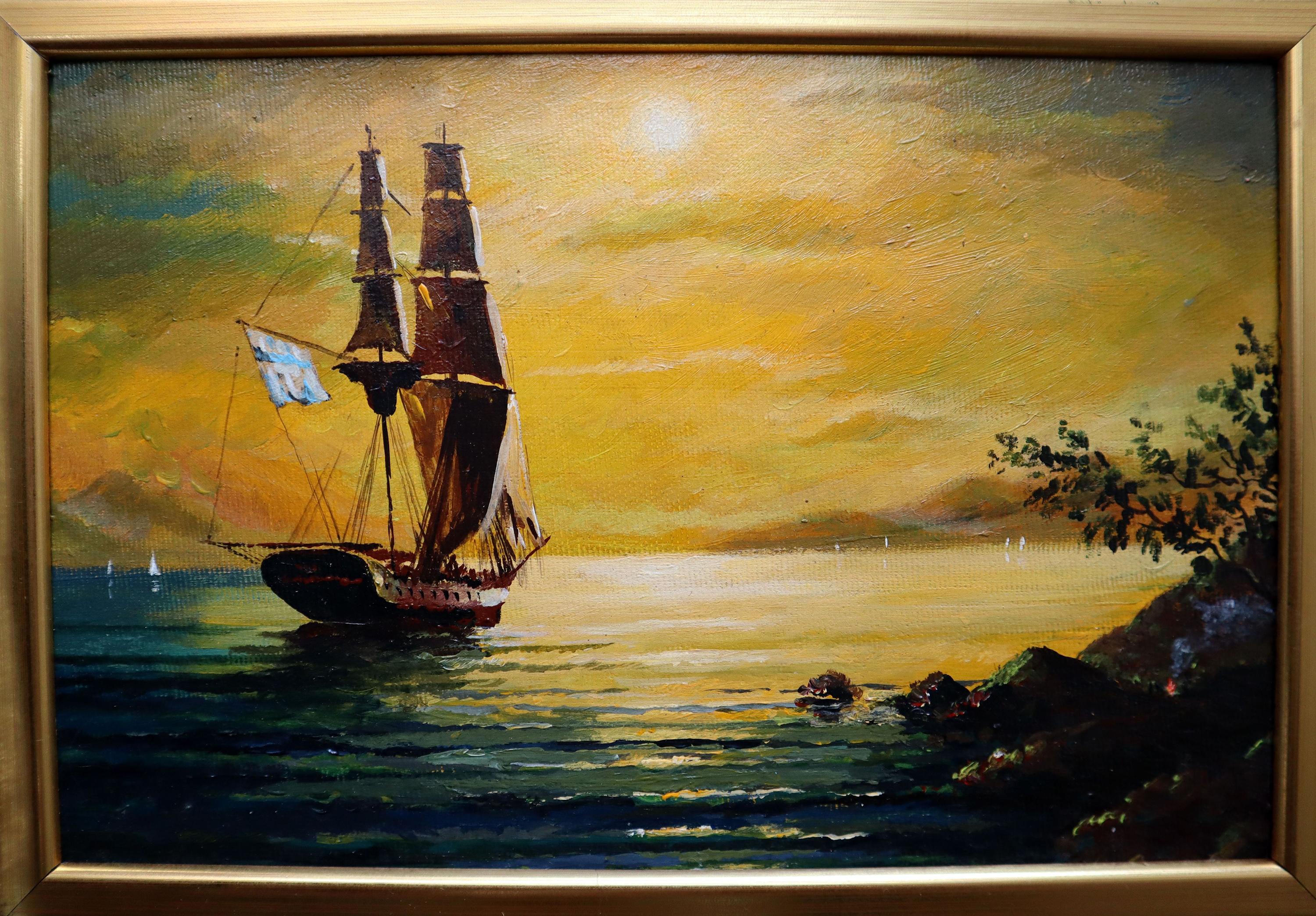 In questo dipinto ho catturato il viaggio sereno e profondo di una nave che naviga verso un tramonto dorato. Utilizzando una miscela di acrilico e olio, esploro le dinamiche tra luce e ombra, riflessione e profondità. Quest'opera d'arte incarna un
