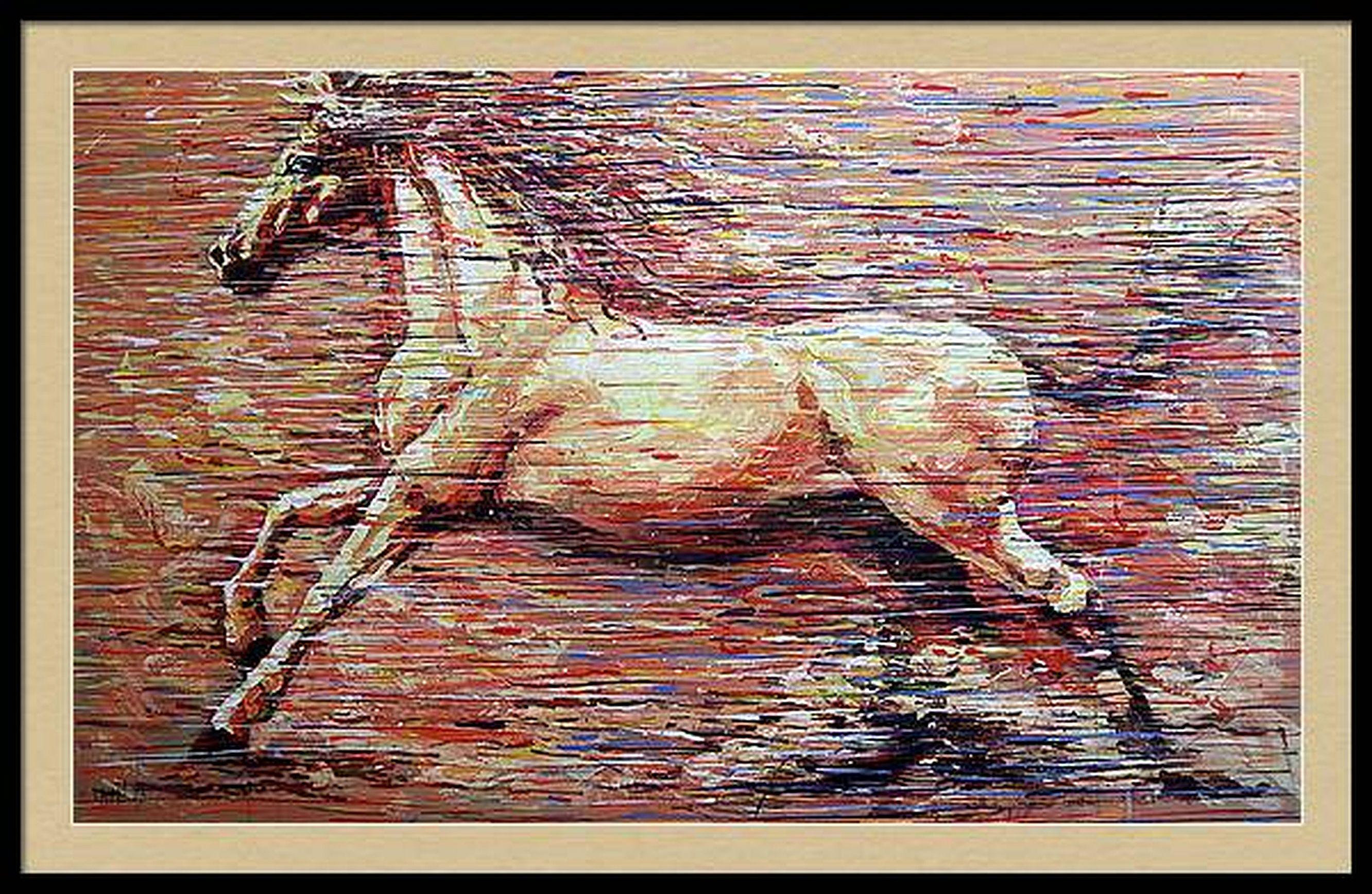In my creation, I've captured the wild essence of freedom and the dynamic energy of life. Through vigorous strokes of acrylic and oil, I've melded expressionism with impressionism, giving form to a spirited presence that gallops across the canvas.