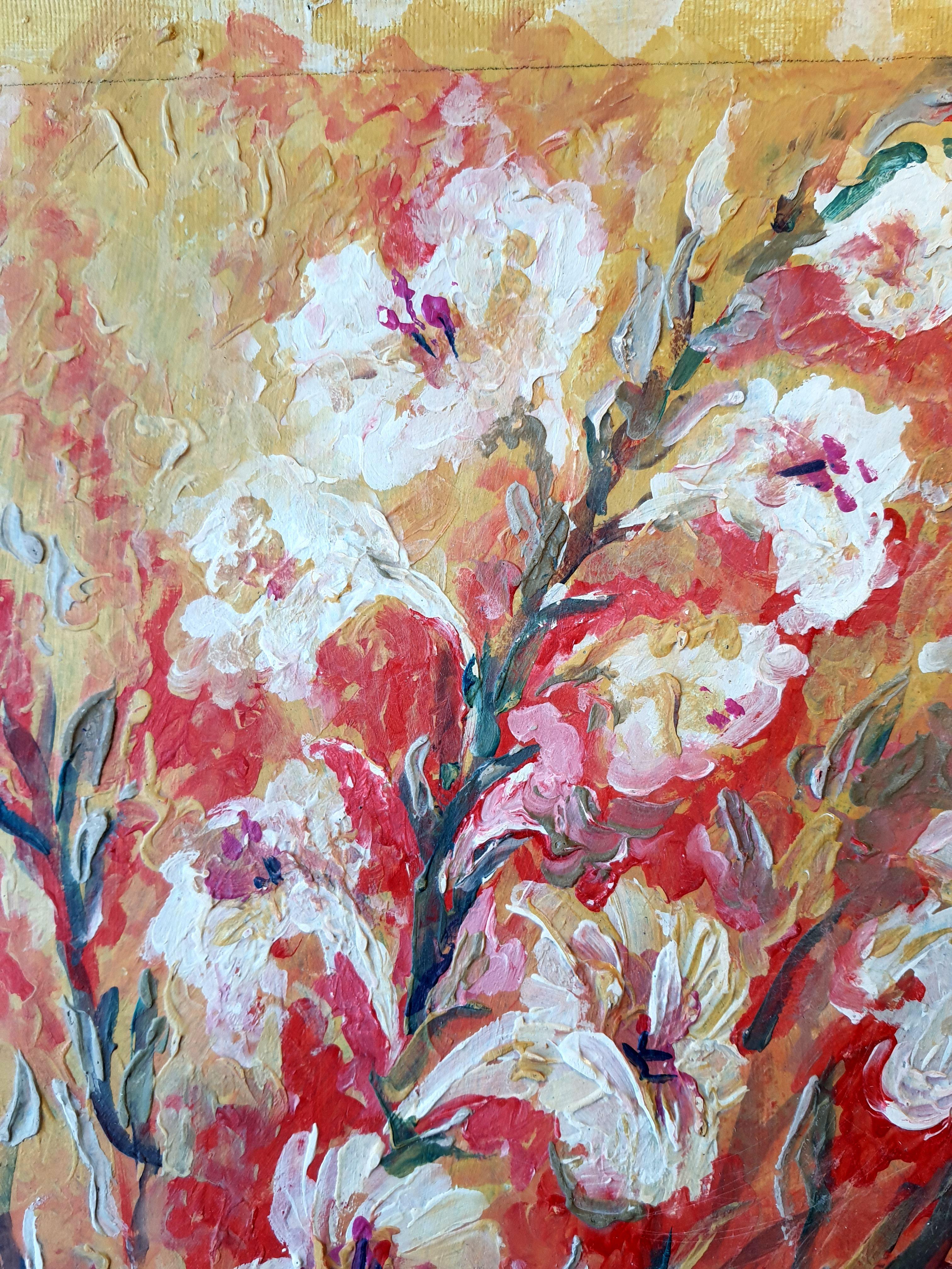 This vibrant canvas is a dance of colors, where I poured my emotions into every brushstroke. The fervent reds and soothing whites collide and mingle in an expressionist celebration, inspired by nature's own masterpieces. With the soft touches of