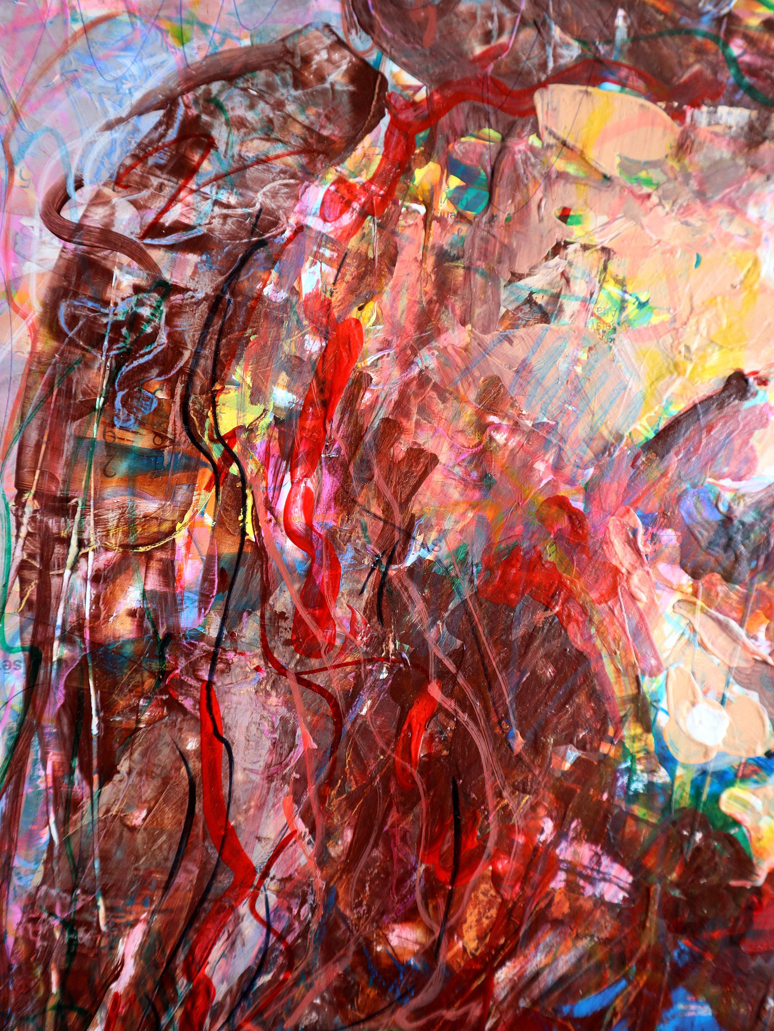 In questo lavoro vibrante, ho mescolato acrilici, acquerelli e matite colorate per catturare un tumulto di emozioni crude. Infondendo l'espressionismo con pizzichi di impressionismo e pop art, incanalo il tumulto interiore e l'estasi dello spirito