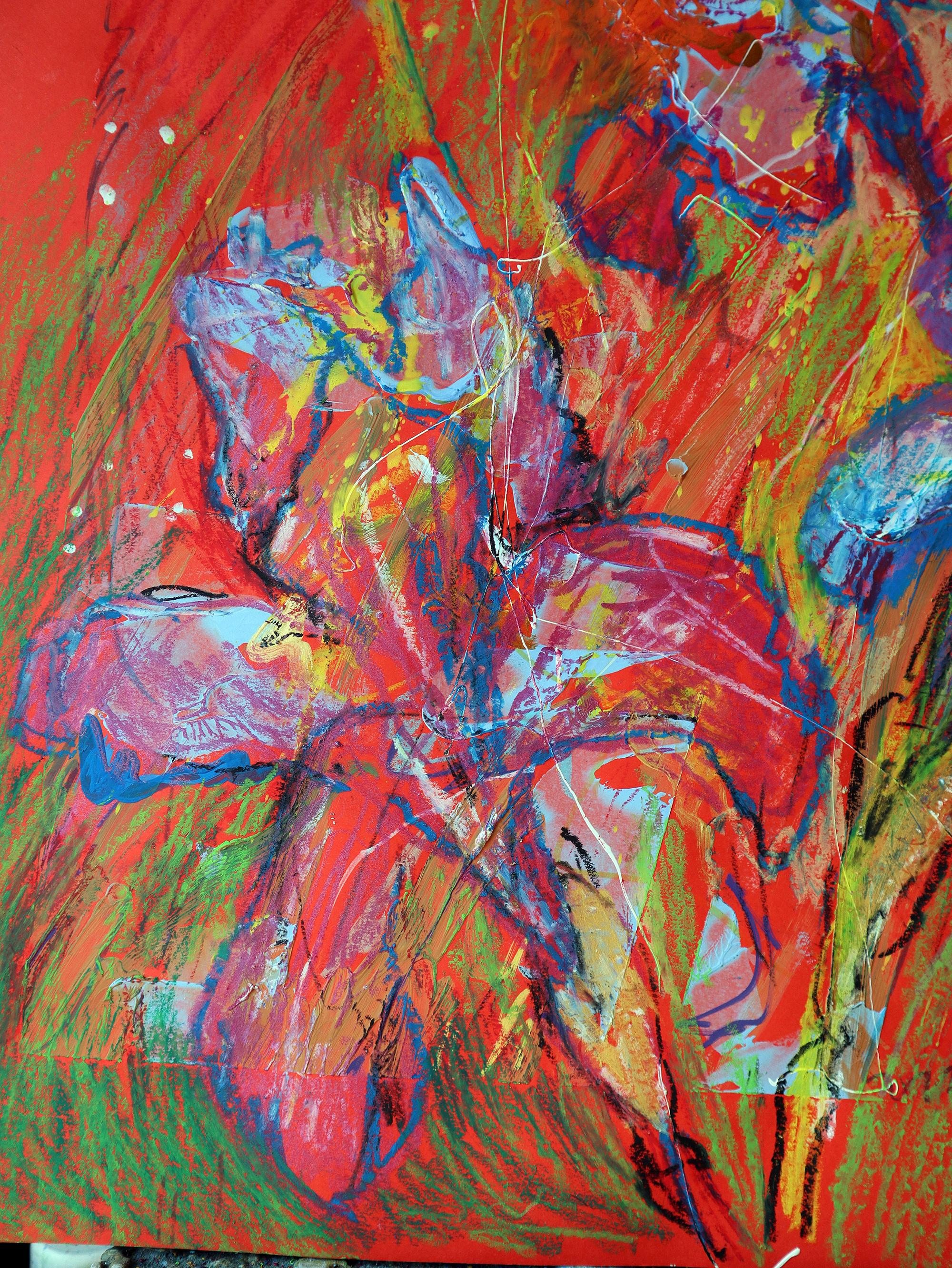 Irises in the Garden - Orange Landscape Painting by RAKHMET REDZHEPOV (RAMZI)