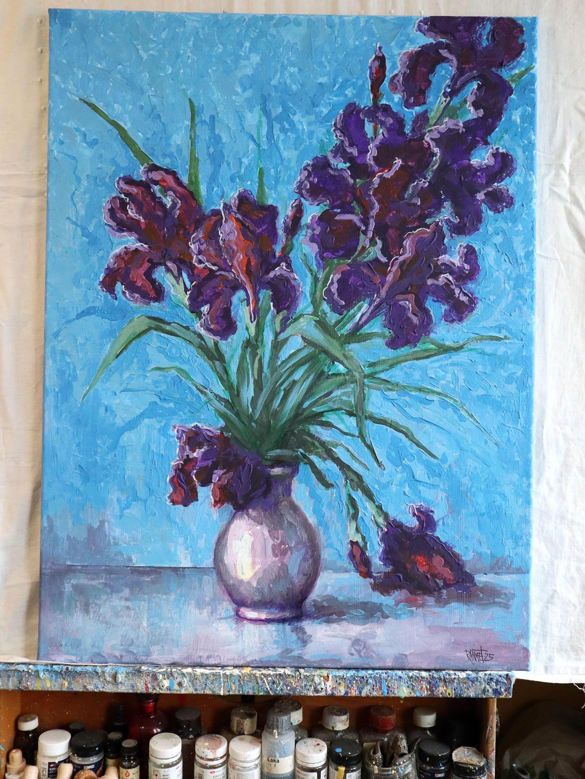 Irises on Blue - Painting by RAKHMET REDZHEPOV (RAMZI)