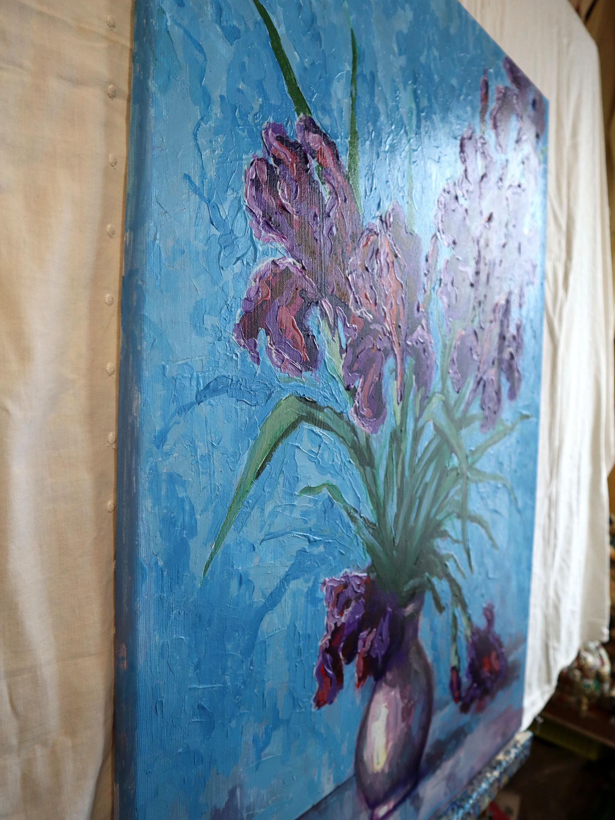 Irises on Blue - Expressionist Painting by RAKHMET REDZHEPOV (RAMZI)