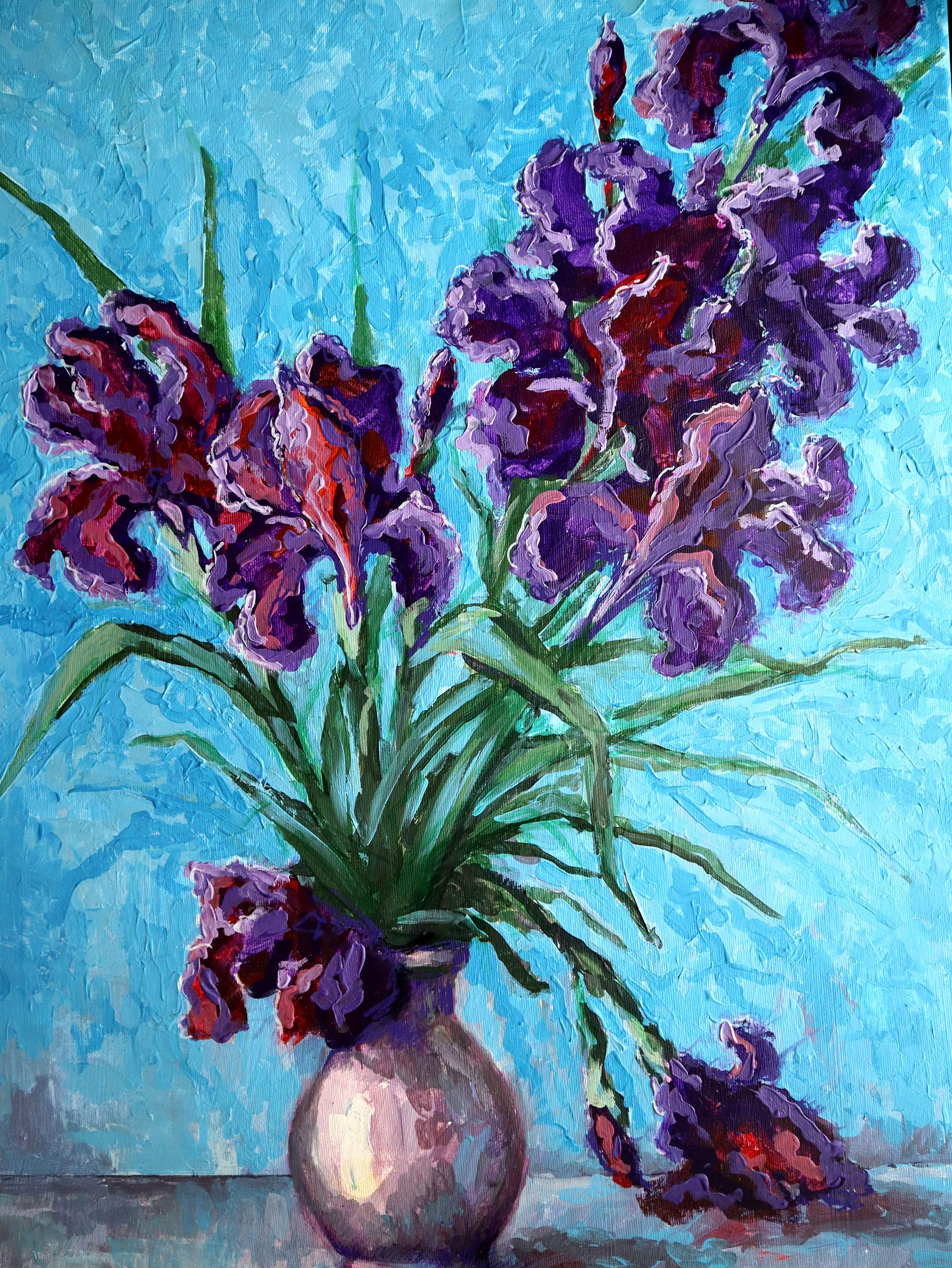 Irises on Blue For Sale 5